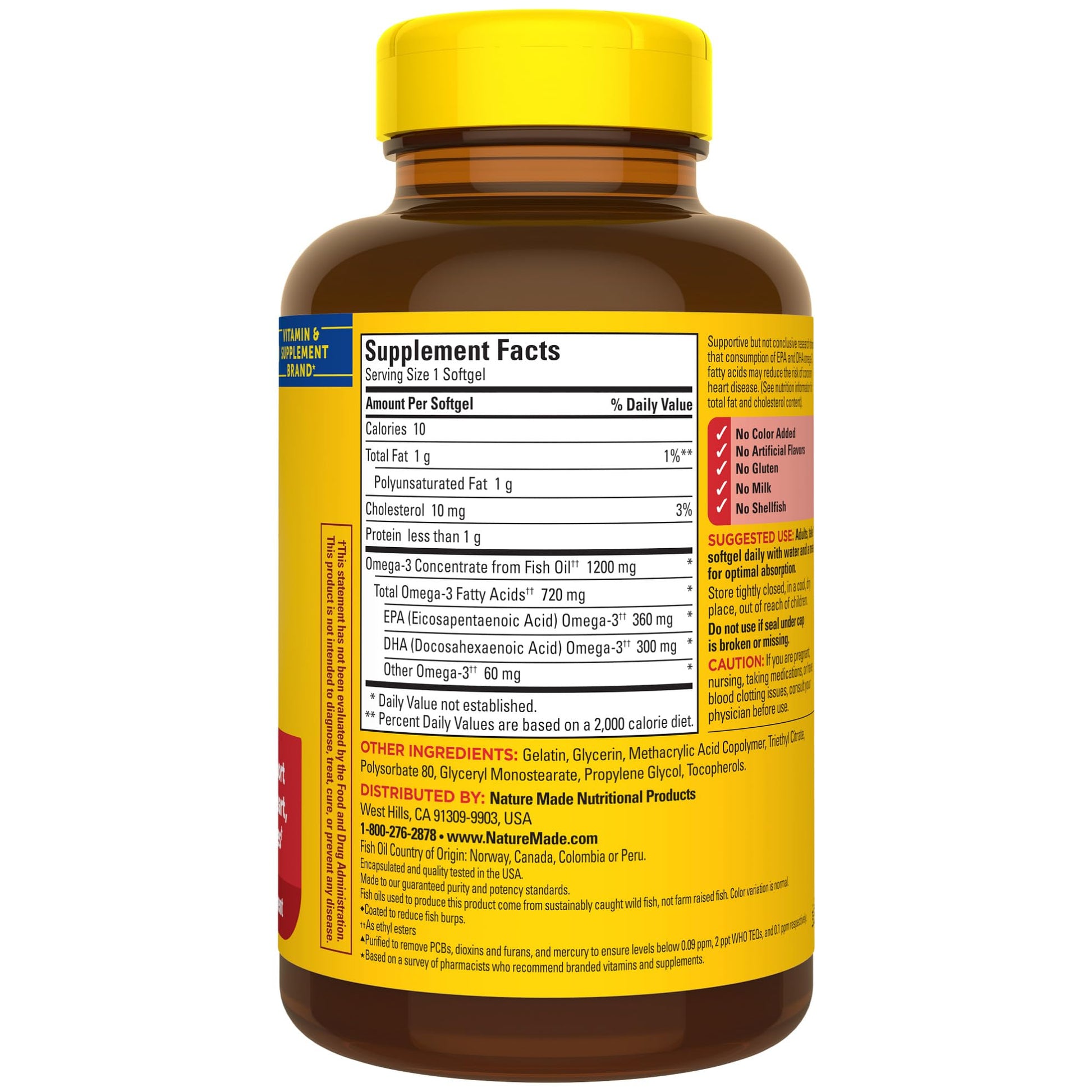 Nature Made Burp Less Omega 3 Fish Oil Supplements, 1200mg, EPA DHA Omega 3 Supplement as Ethyl Esters, Fish Oil Softgels for Healthy Heart, Brain and Eyes Support, One Per Day, 120 Softgels - Medaid International