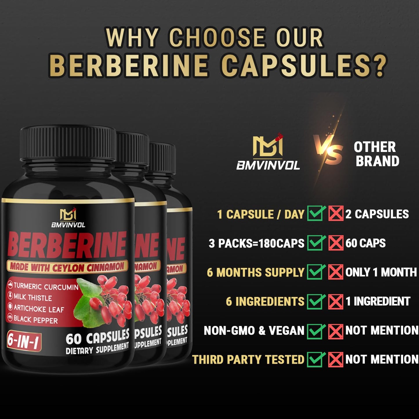 (3 Packs) Berberine Supplement Plus Ceylon Cinnamon, Milk Thistle, Turmeric, Artichoke Leaf, Black Peppe - 6 Month Supply - 180 Capsules Total - Medaid International
