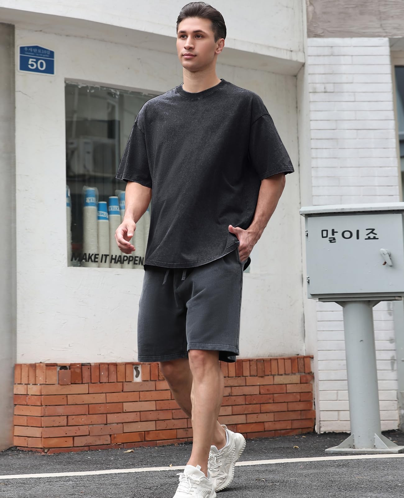 KEEPSHOWING Men's Cotton T-Shirts Oversized Unisex Short Sleeves Casual Loose Wash Solid Basic Tee Tops(A-Black L) - Medaid International