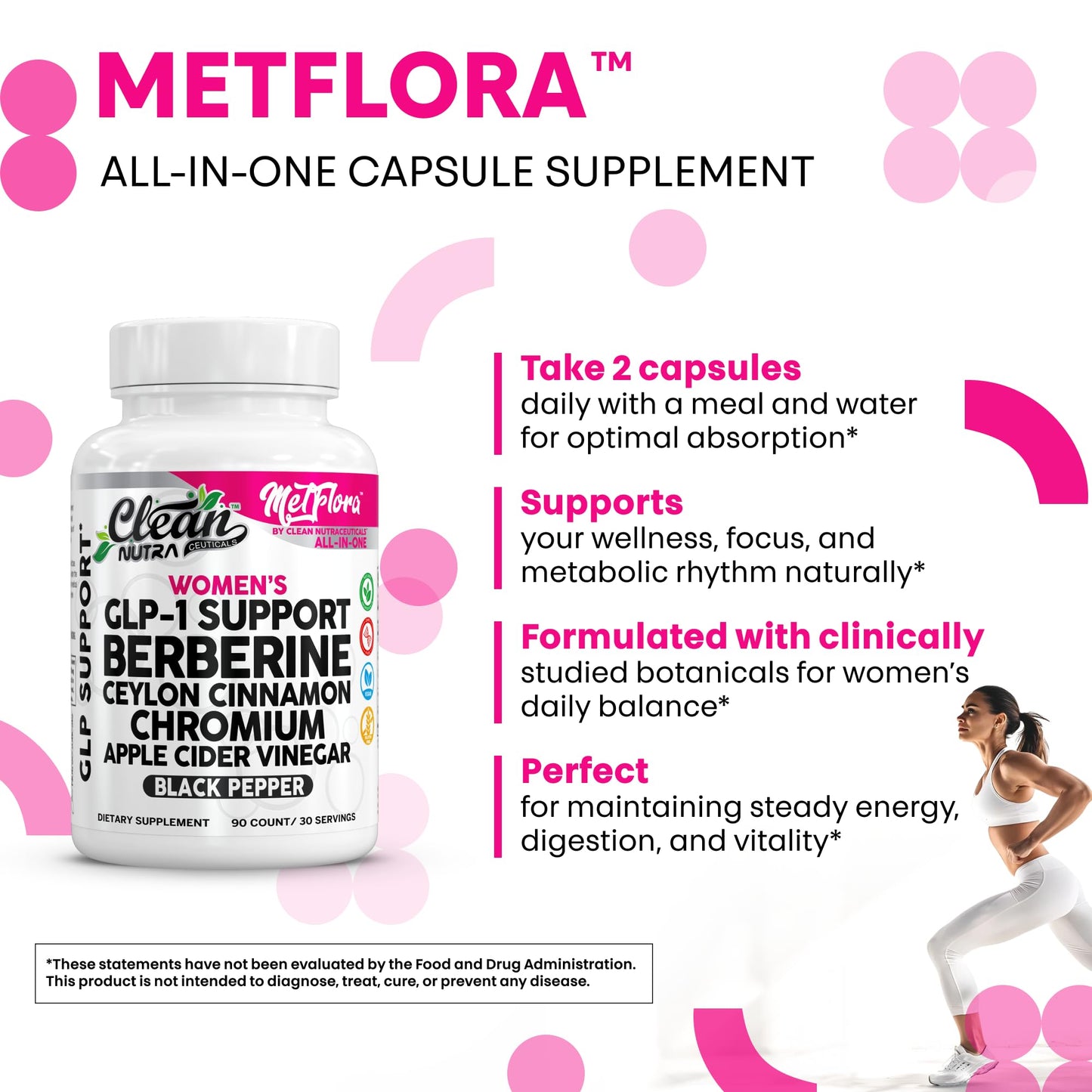 Clean Nutra Women's GLP-1 Support Complex, Berberine with Ceylon Cinnamon, Chromium, Apple Cider Vinegar, 90 Capsules - Medaid International