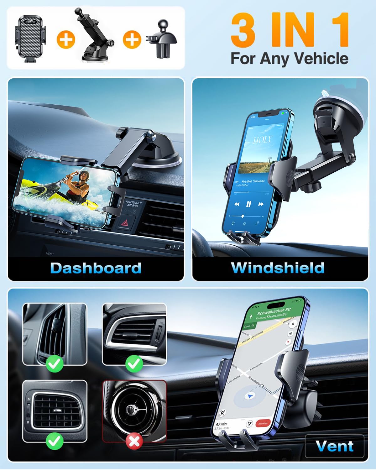 VANMASS Car Phone Holder 2025 Military-Grade Phone Holder for Your Car Windshield Dashboard【 65 Lbs Strongest Suction】【Patent & Safety Certs】 Universal Cell Phone Car Mount for iPhone Samsung Android - Medaid International