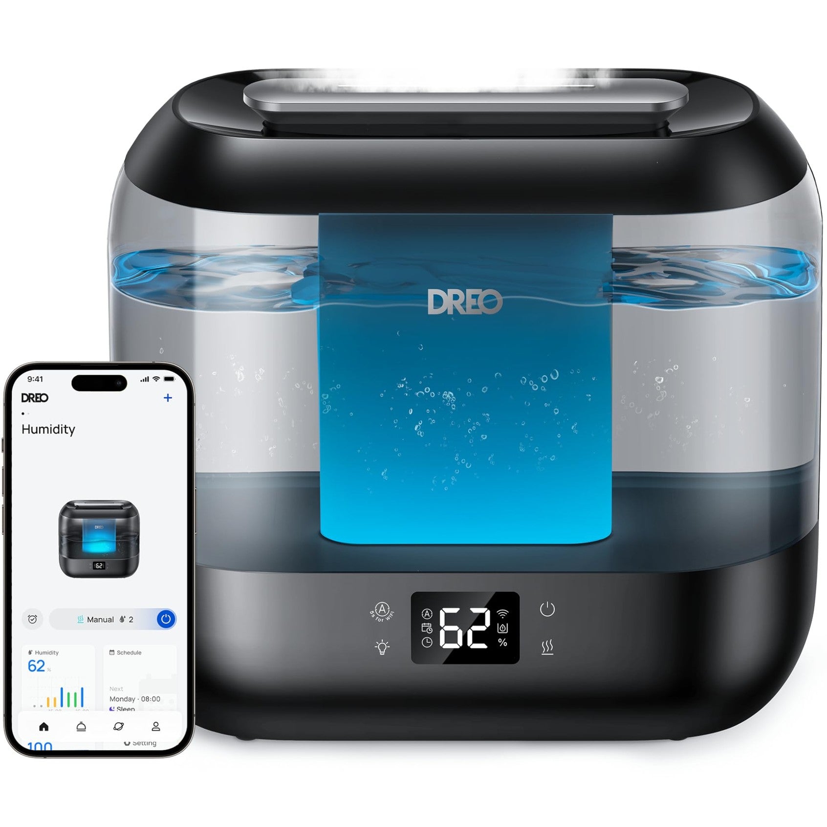 Dreo Smart Humidifiers for Bedroom, Top Fill 4L Supersized Humidifier Large Room with 28 dB, 36H Runtime, Touch/APP/Voice Control, Nightlight, Cool Mist Humidifiers for Baby, Plants, Indoor, Black - Medaid International