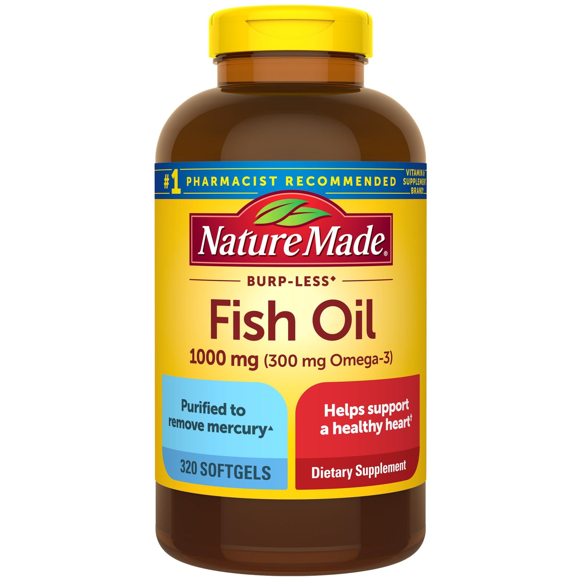 Nature Made Burp Less Fish Oil Omega 3 Supplements, 1000mg Softgels, Omega 3 Fish Oil Supplements for Healthy Heart Support, 320 Softgels, 160 Day Supply - Medaid International