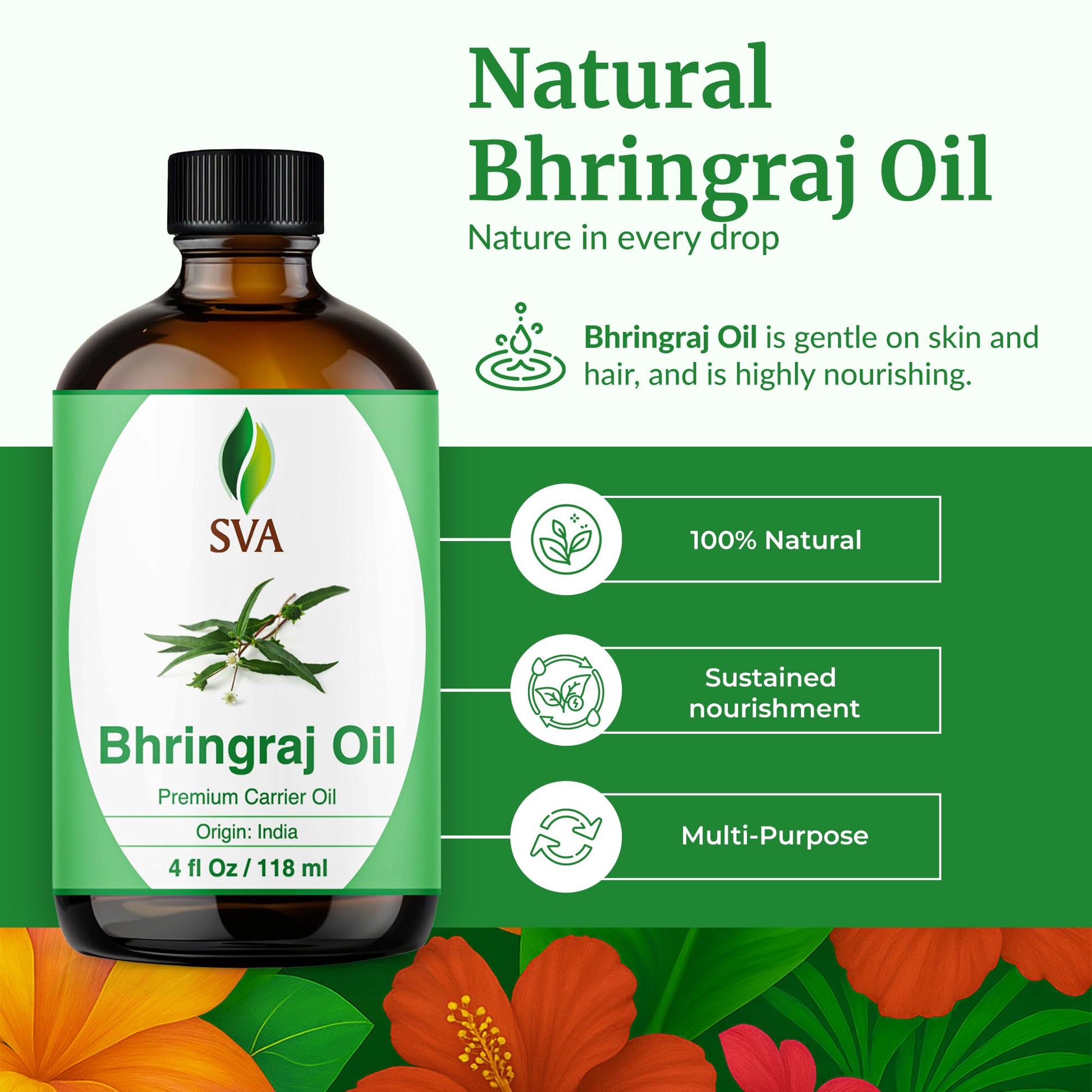SVA Bhringraj Premium Carrier Oil 4oz (118ml) With Dropper for Hair Oiling, Scalp Massage & Skin Care - Medaid International