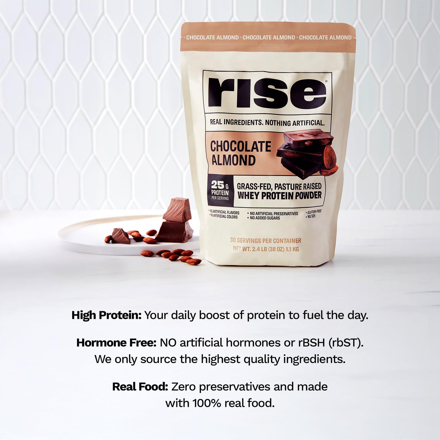 Rise Grass-Fed Whey Protein Powder - Chocolate Almond | 25g Protein No Artificial Flavors, Colors, or Preservatives - Sugar Free, Gluten-Free, Soy Free (2.4 lbs) - Medaid International