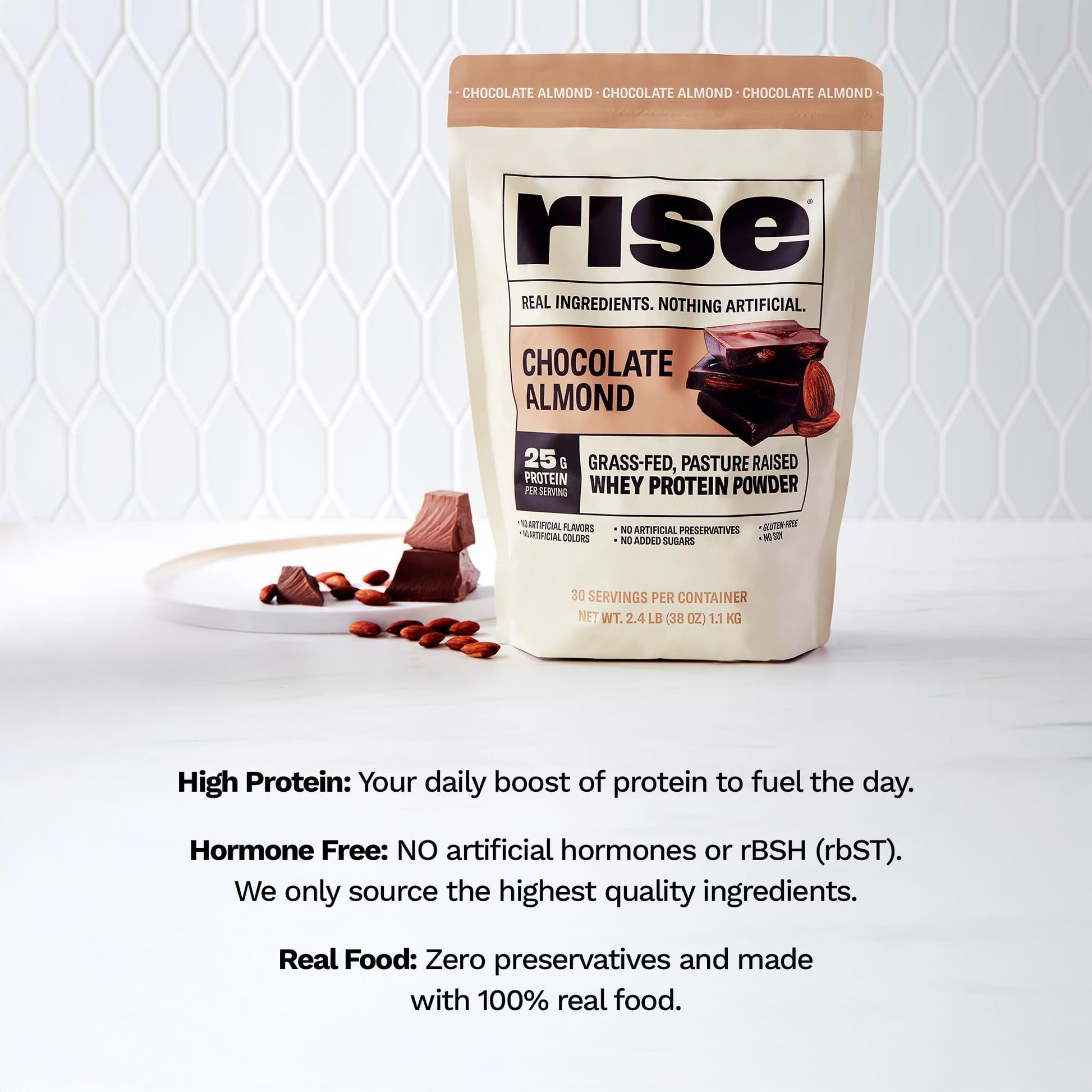 Rise Grass-Fed Whey Protein Powder - Chocolate Almond | 25g Protein No Artificial Flavors, Colors, or Preservatives - Sugar Free, Gluten-Free, Soy Free (2.4 lbs) - Medaid International
