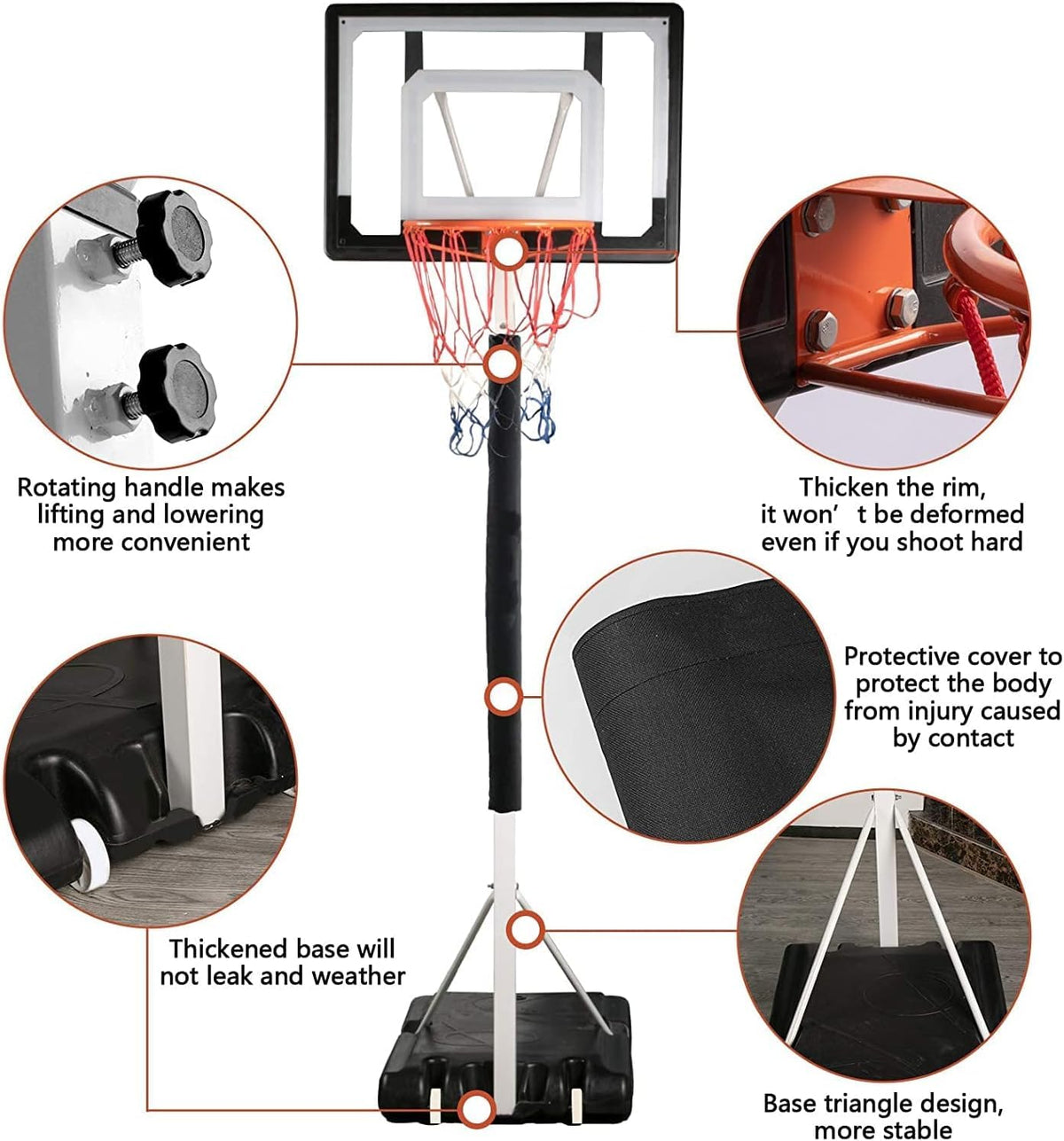 Portable Height-Adjustable Basketball Hoop Assembles, Adjustable Outdoor Indoor Basketball Hoop Goal System Stand with Wheels for Adults and Kids, with Sheath, Basketball, Pump