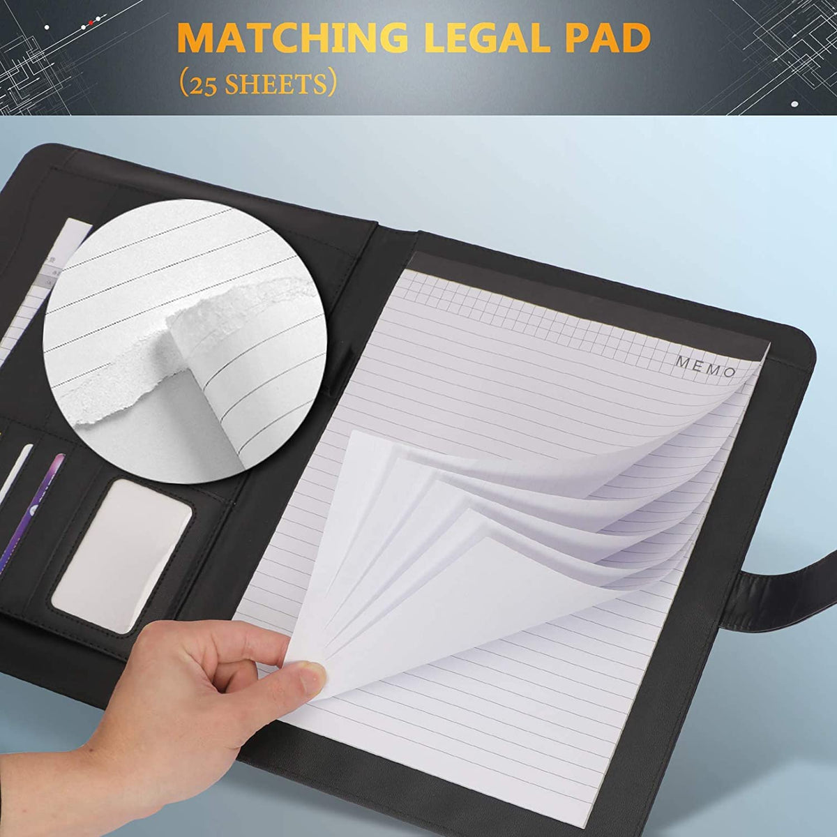 TERRIFI Portfolio Folder PU Leather Multifunctional Business Document Organizer Card Storage Letter Size Clipboard with Legal Pad for Interview Conference Presentation Paperwork Black