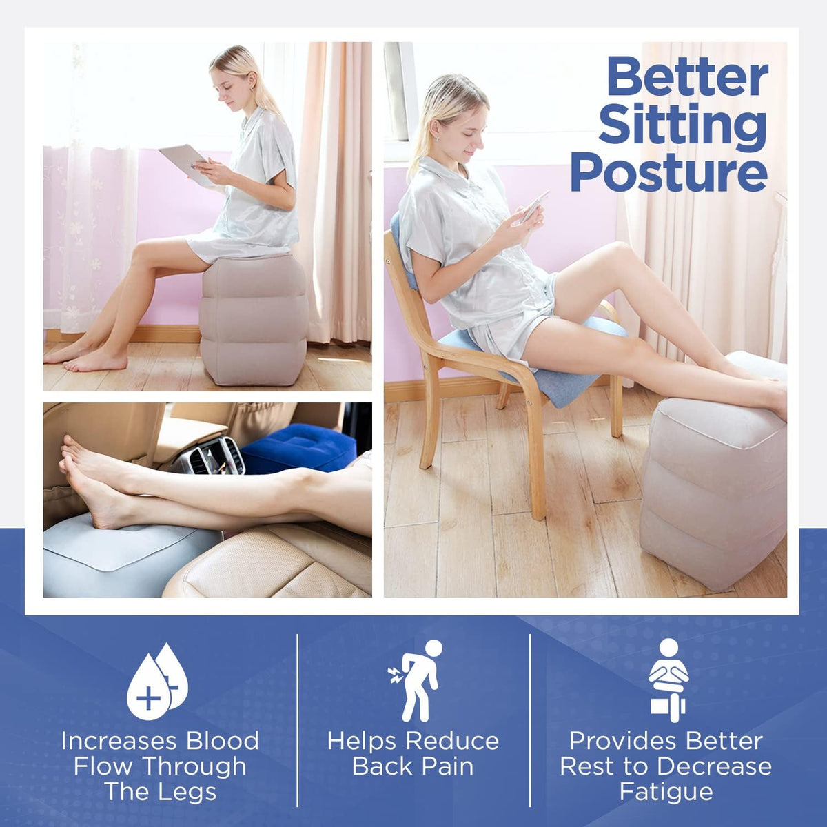 KASTWAVE Inflatable Foot Rest for Airplane, Car Seat Foot Rest for Kids Airplane Bed for Toddler, Blow up Plane Footrest Pillow, Foot Stool Relieves Swelling, with Integrated Inflating Buttons (Grey)
