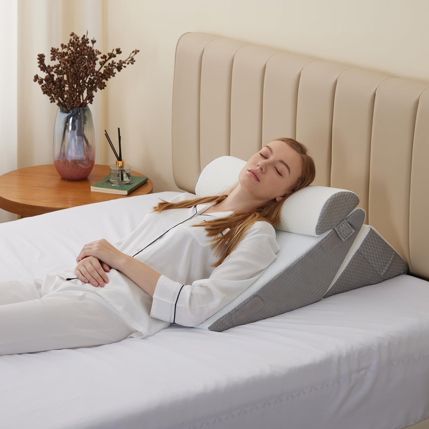 Bedluxe Wedge Pillow Headboard, 3PCS Orthopedic Bed Wedge Pillows Set for After Surgery, Adjustable Pillow Wedge for Acid Reflux&Back Pain Relief, Sleeping, Back Pillow for Bed Sitting Up, White/Grey - Medaid International