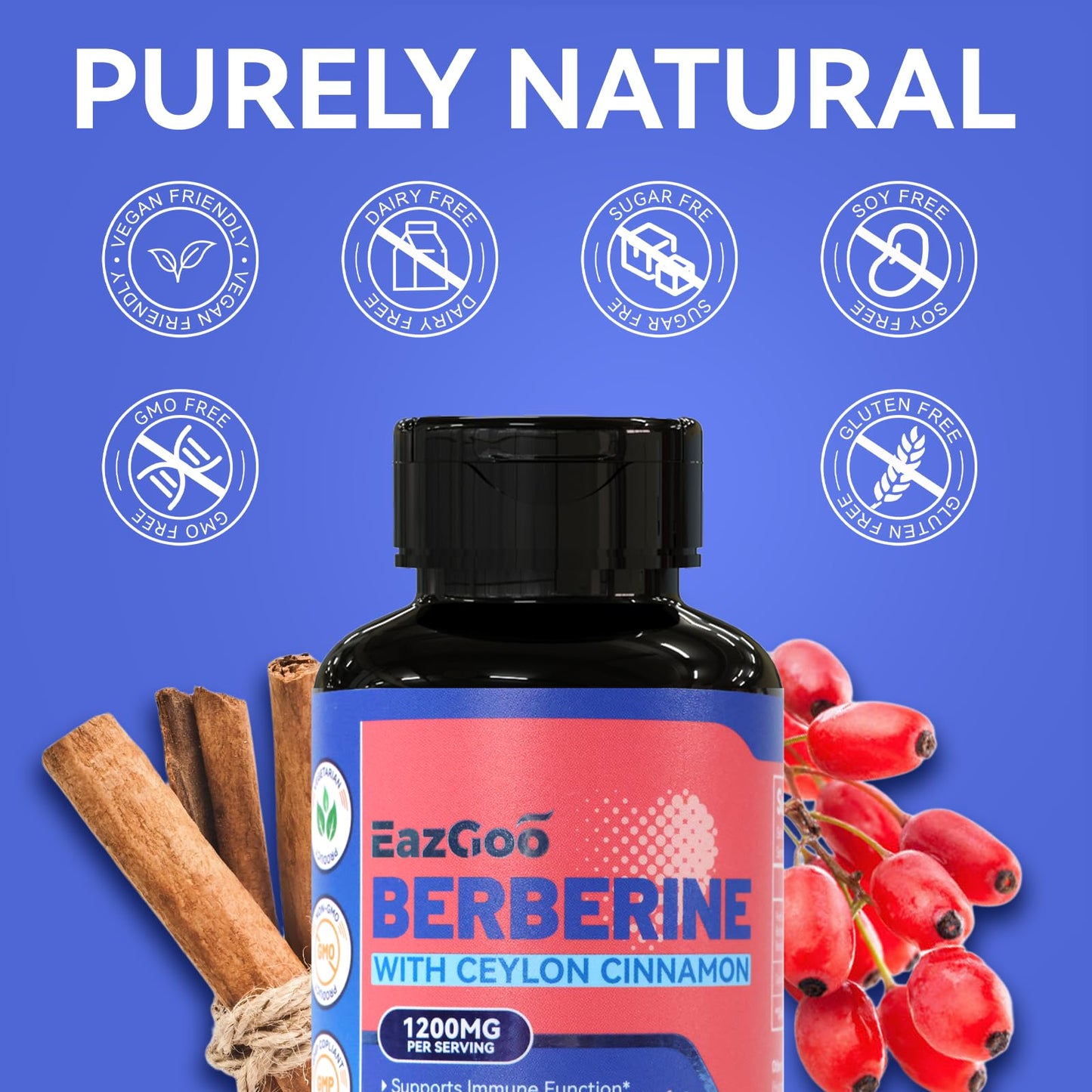 EAZGOO Premium Berberine Supplement 1200mg with Ceylon Cinnamon - 90 Vegan Capsules - Berberine HCL Supplement Non-GMO Gluten Free, Immune Support - Medaid International