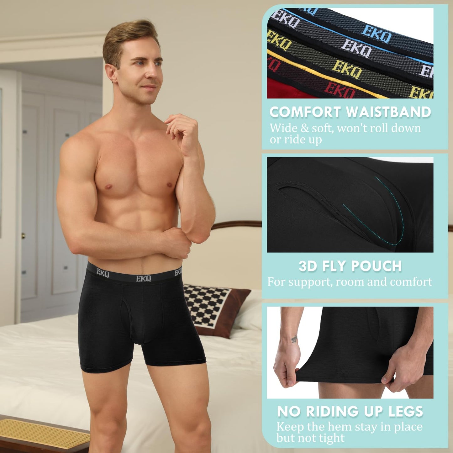 EKQ Mens Underwear Breathable Boxer Briefs 7 Pack Bamboo Rayon Boxers for Men Soft Stretchy Men's Underwear with Fly - Medaid International