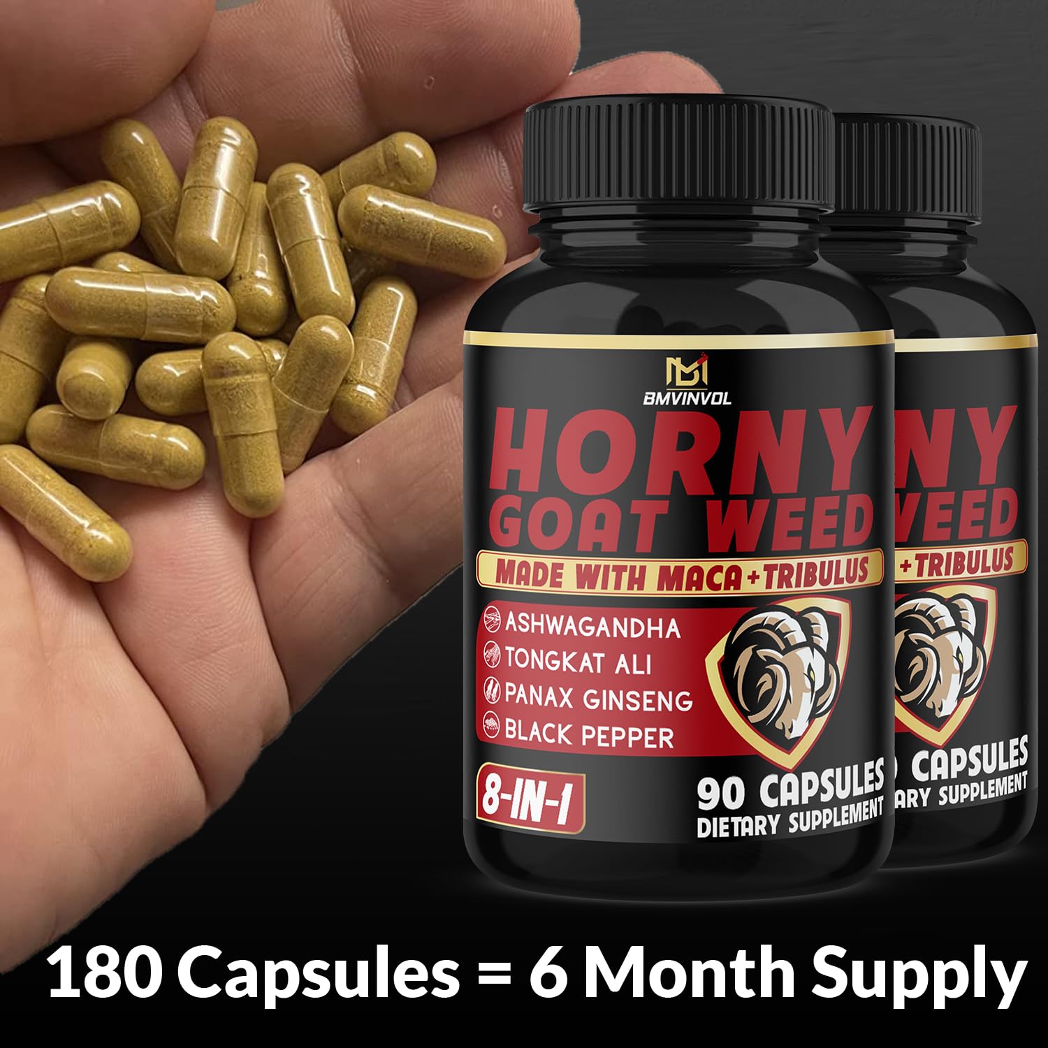 BMVINVOL 2Packs Horny Goat Weed Capsules - 180 Capsules for 6 Month Supply - Maca, Ginseng, Tribulus Terrestris, Ashwagandha - Medaid International