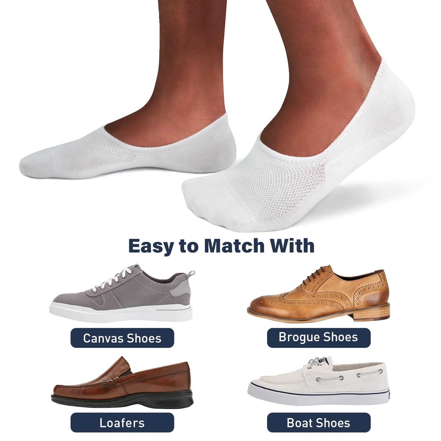 SIXDAYSOX 6 Pairs White No Show Socks Men 10-13 Low Cut Invisible Cotton Non Slip Socks for Loafers, Sneakers, Flats - Medaid International