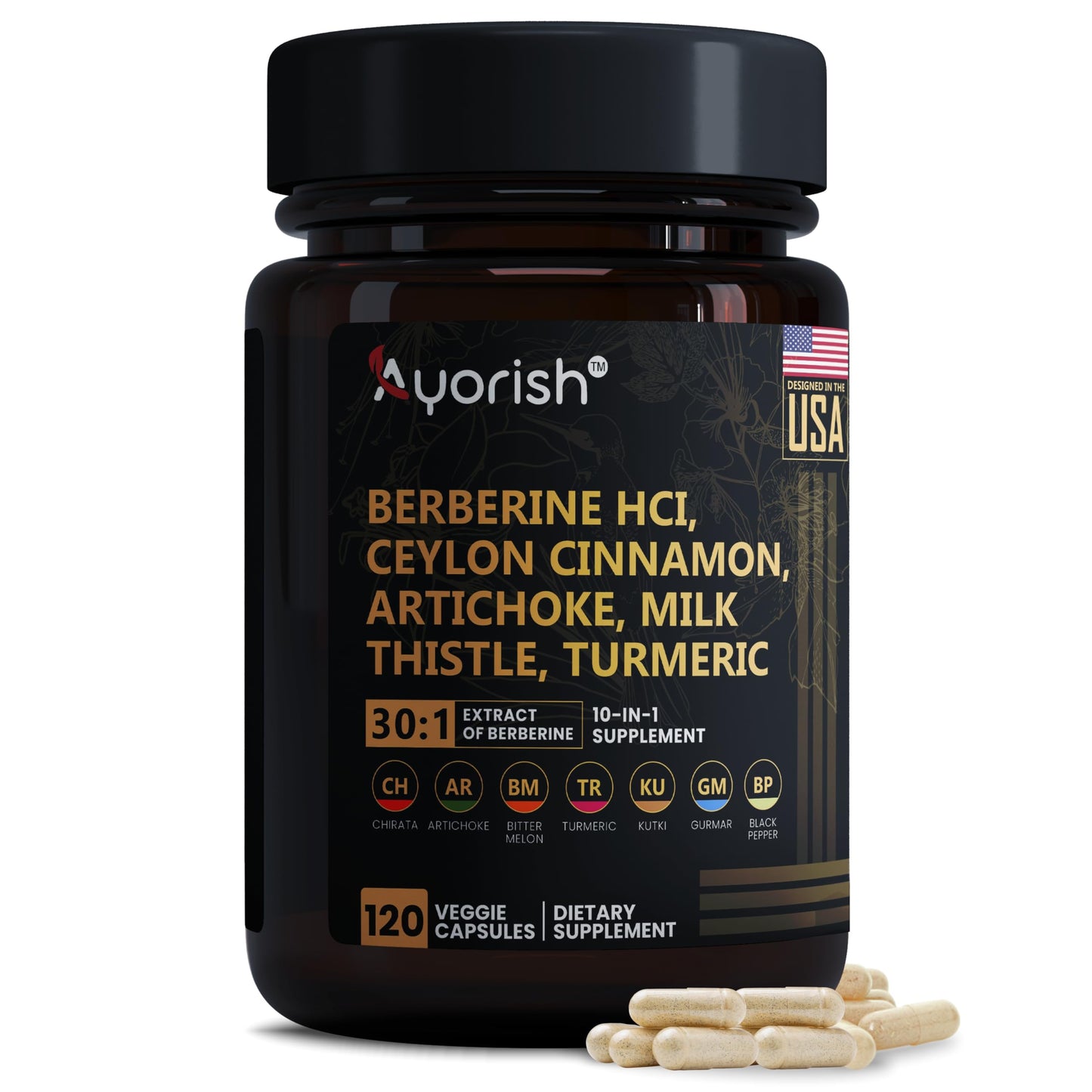 Ayorish Berberine Supplement – High Strength 7500mg Equivalent – Berberine with Ceylon Cinnamon, Milk Thistle & Turmeric – 120 Vegan Capsules – Non-GMO, USA Formulated - Medaid International