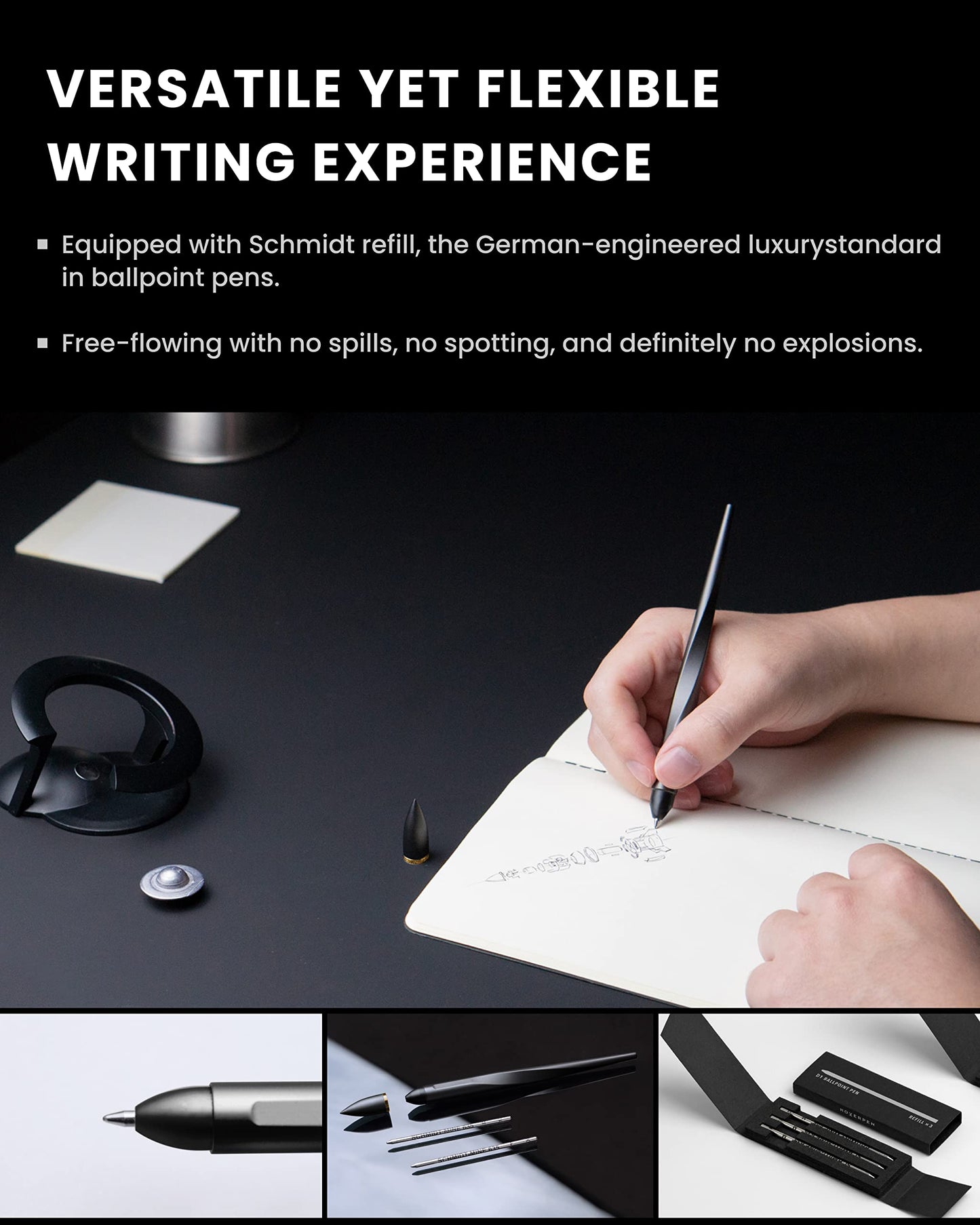 novium Hoverpen Interstellar - Space Black, Ballpoint Pen, 18K Gold-plated Pen Ring, 23.5 Degree Angle, Schmidt Ballpoint Refill, No Spills, No Spotting, No Explosions - Medaid International