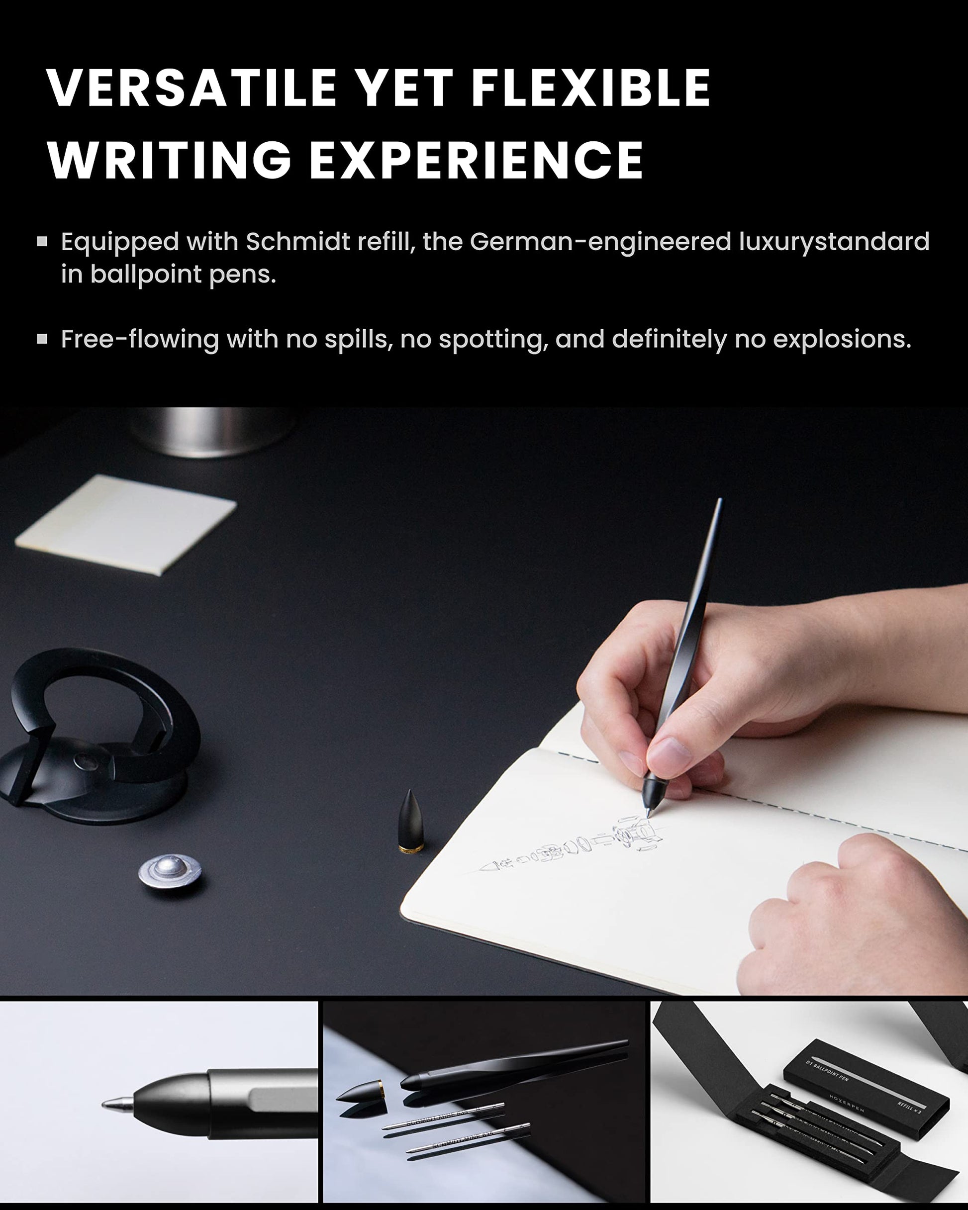 novium Hoverpen Interstellar - Space Black, Ballpoint Pen, 18K Gold-plated Pen Ring, 23.5 Degree Angle, Schmidt Ballpoint Refill, No Spills, No Spotting, No Explosions - Medaid International