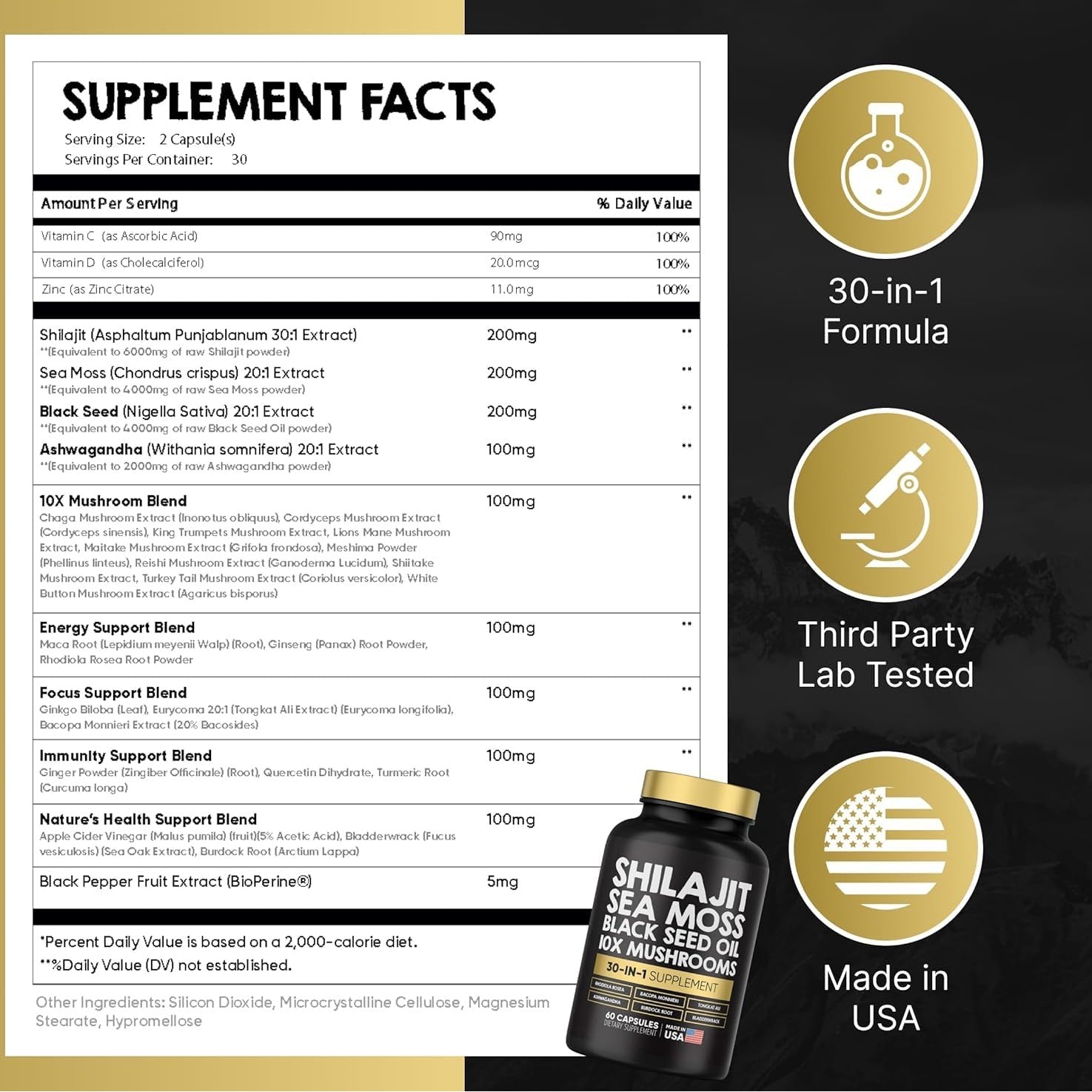 Smart Dose Power Blend Capsules - 30-in-1 Supplement Bundle with Shilajit 6000mg, Sea Moss 4000mg, Black Seed Oil 4000mg, Ashwagandha 2000mg, 10x Mushrooms, Tongkat Ali, Maca, Holistic Pills Combo - Medaid International