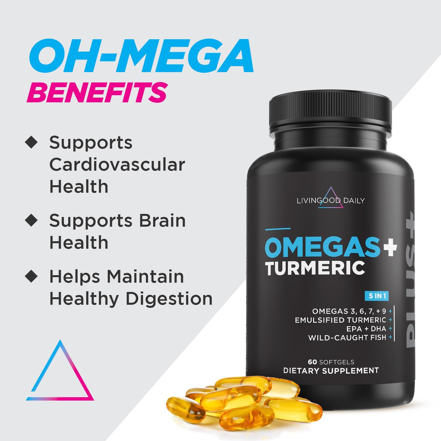 Livingood Daily Triple Omega 3 6 9 Supplement Plus Turmeric Curcumin, DHA & EPA, Fish Oil Supplements for Brain & Heart Health and Joint Support, Advanced Absorption, Gluten Free, Non GMO, 60 Softgels - Medaid International