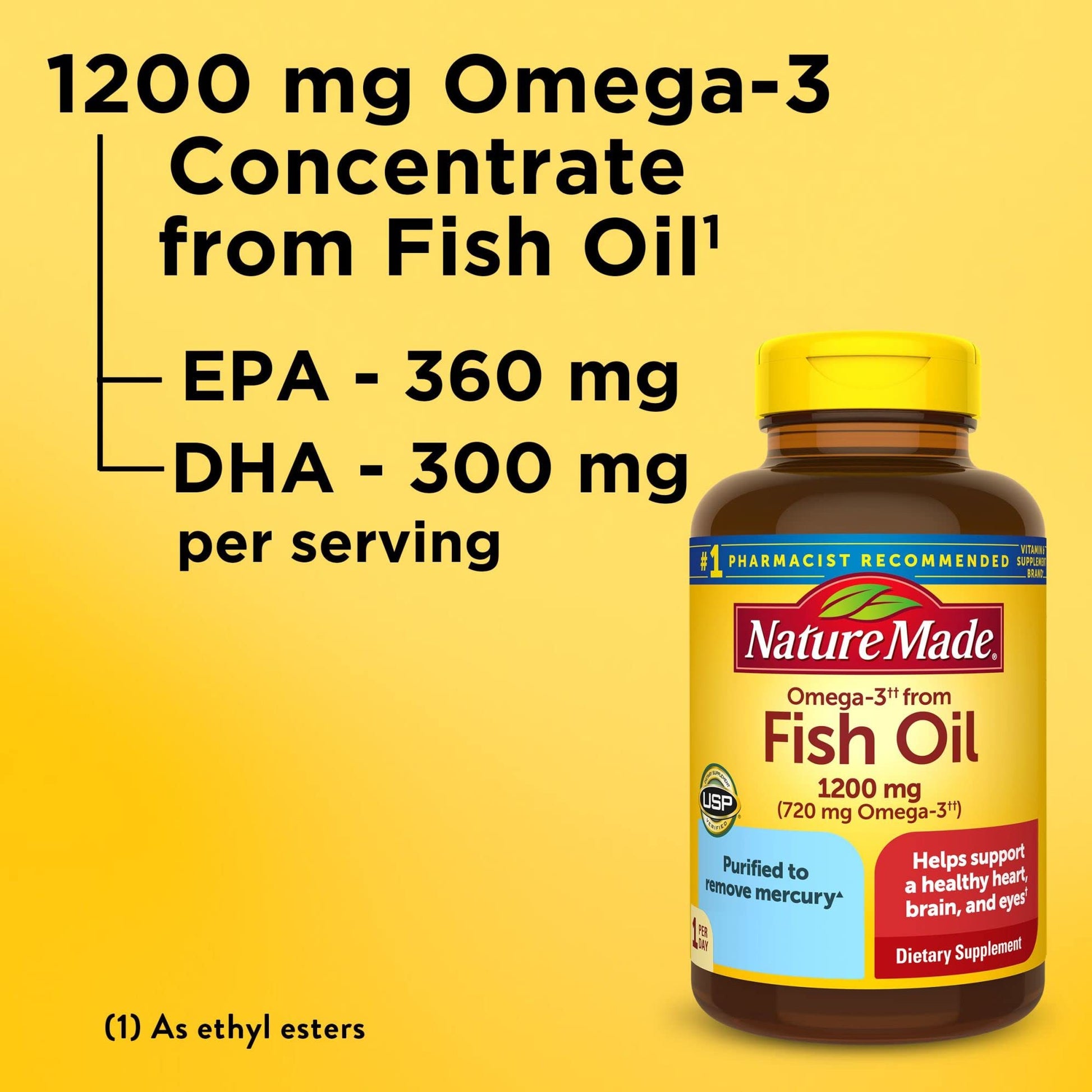 Nature Made Fish Oil Omega 3 Supplements, Omega 3 Fish Oil as Ethyl Esters 1200 mg Softgels, EPA DHA Supplement for Healthy Heart, Brain, Eye Support, One Per Day, 100 Softgels - Medaid International