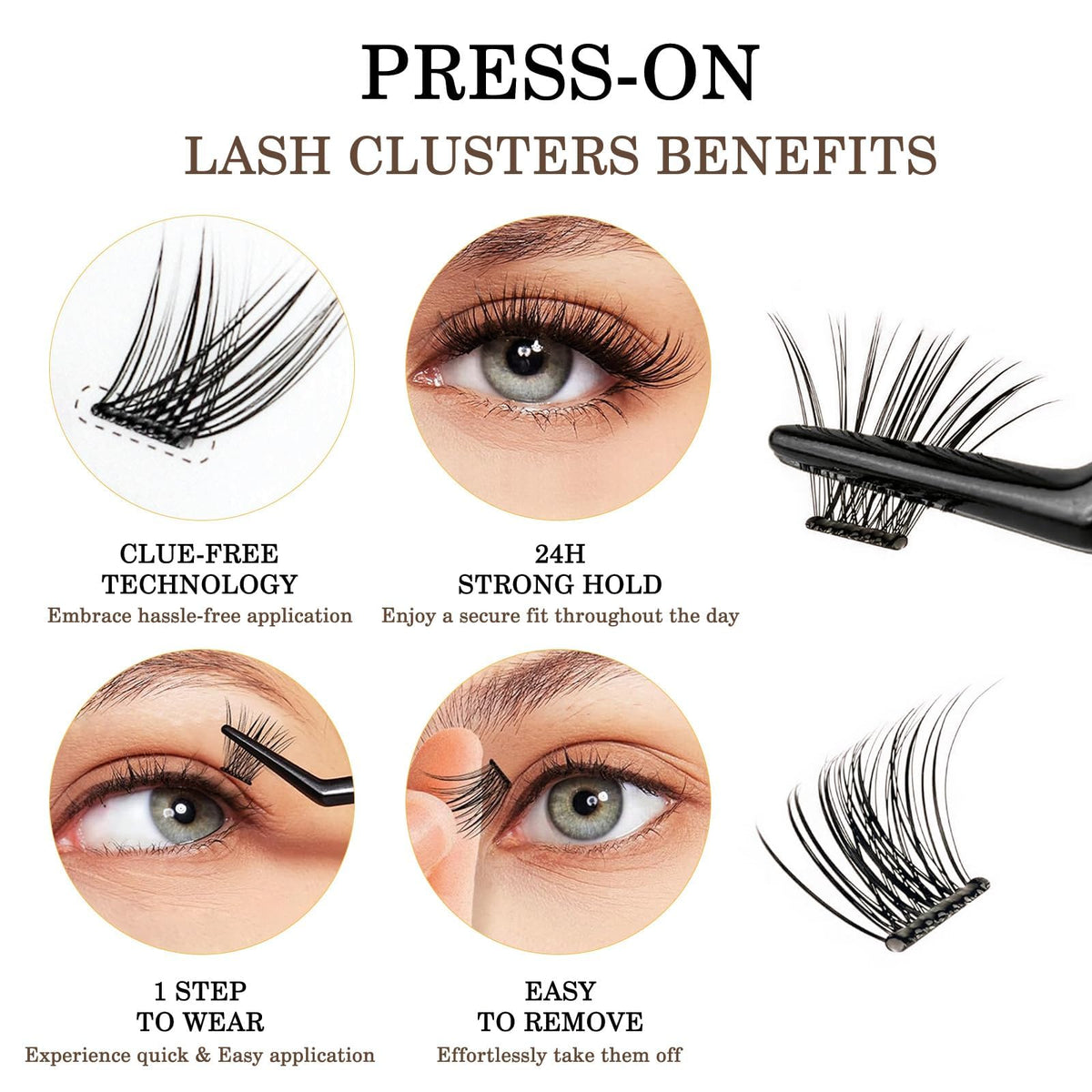 KASTWAVE Self Adhesive Eyelashes, 120Pcs Natural Look, No Glue Needed, Reusable Lashes, Black, Synthetic Hair, Clusters