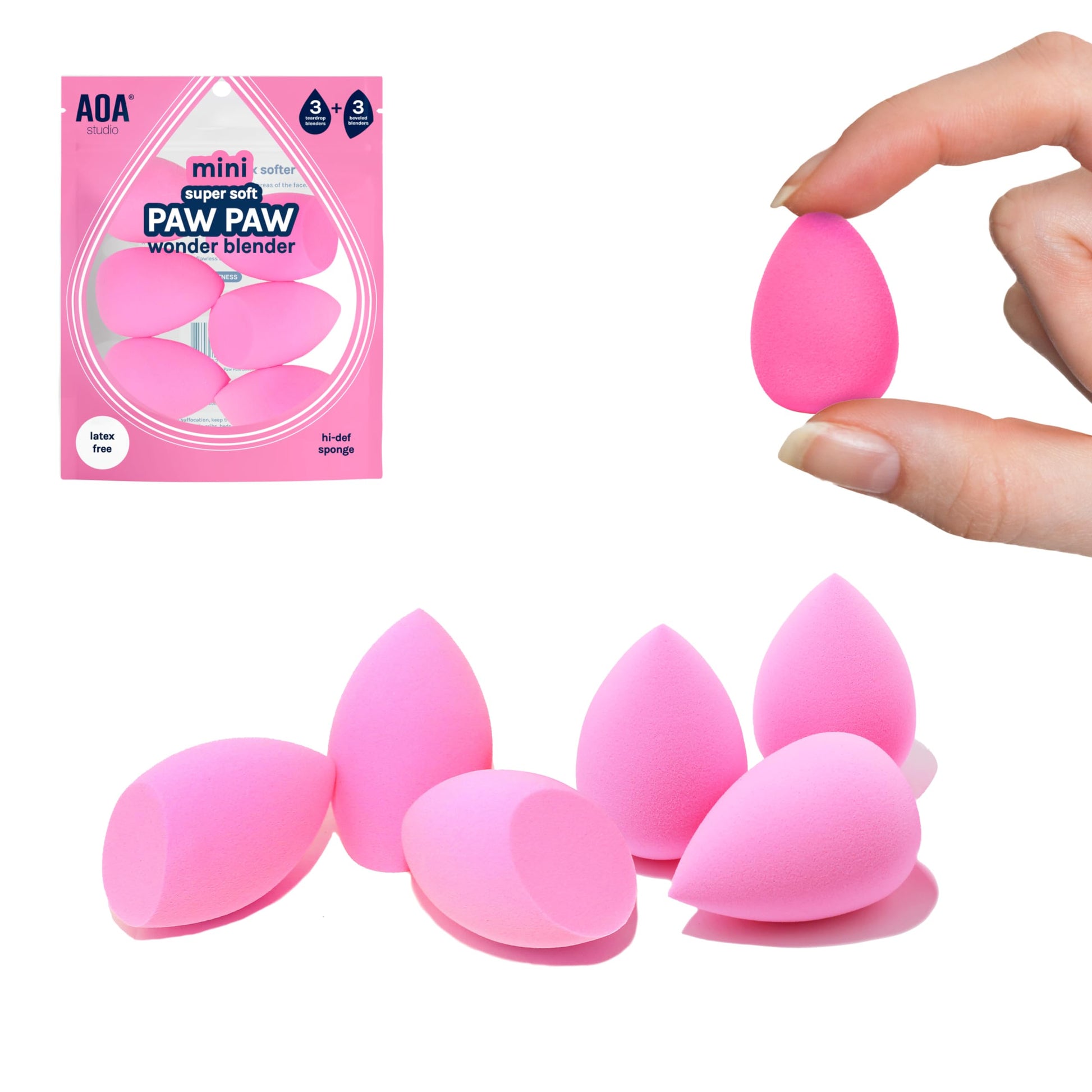AOA STUDIO Collection MiNi Makeup Sponge Set Blender Latex Free and High-definition of 6 For Powder Cream Liquid, Super Soft Wonder Beauty Cosmetic 3 Tear Drop + Beveled Shape (Pink) - Medaid International