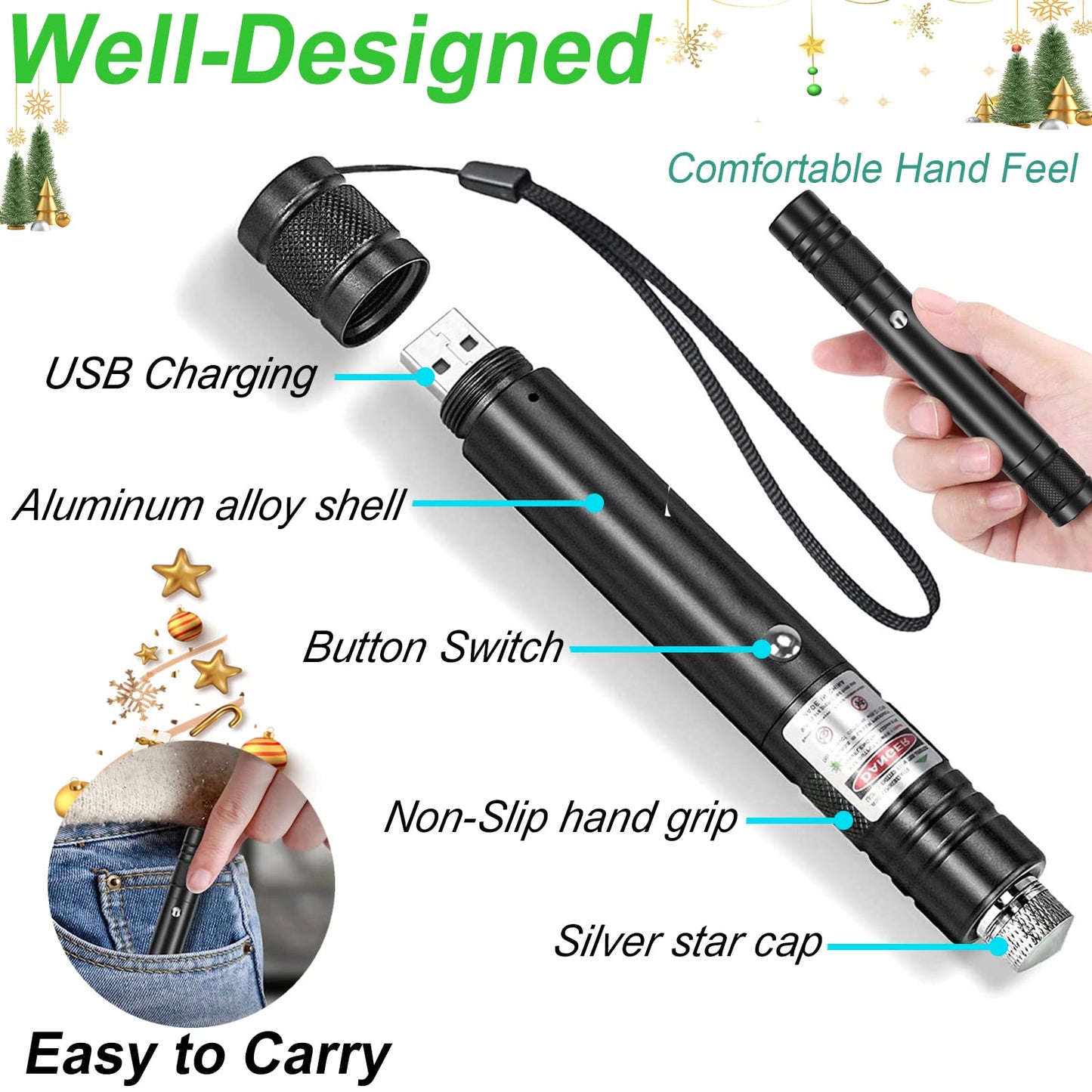 Green Laser Pointer High Power, USB Rechargeable Green Laser High Power Pointer Long Range Laser Pointer Laser Light Pointer for Presentations - Medaid International