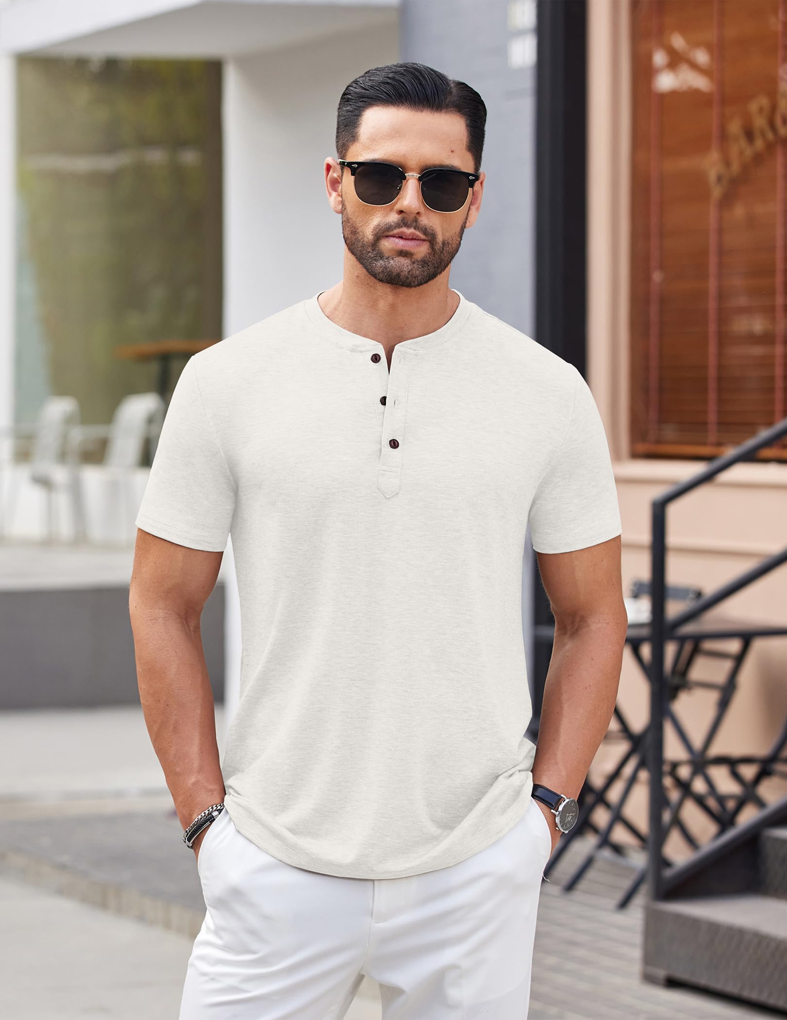 COOFANDY Men's Henley Shirts Short Sleeve Casual Summer Fashion Shirts Solid Button T Shirts White - Medaid International