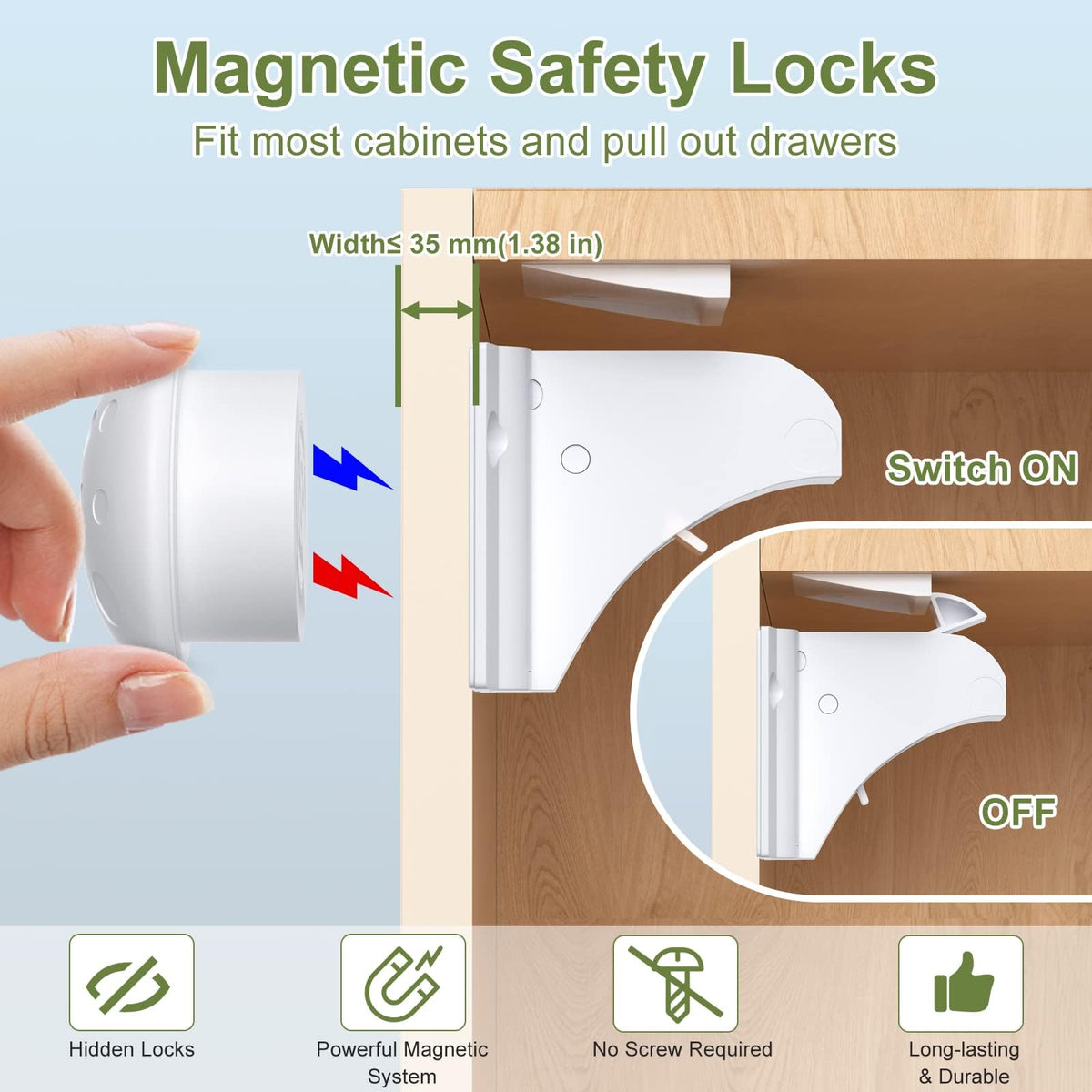 TERRIFI 6 Pack Magnetic Child Safety Cupboard Locks with 2 Keys, Babyproof Your Cabinets and Drawers, No Drilling or Screws Needed, Includes 1 Child Safety Lock for Knobs