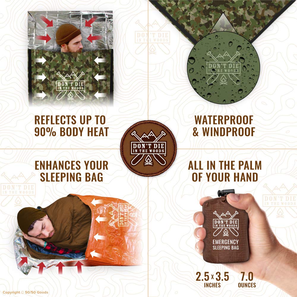Don’t Die in The Woods - Emergency Sleeping Bag with Hood - Made with Extra Thick Thermal Mylar - Hiking Camping Blanket Survival Gear Essentials Tactical Car Disaster First Aid Kit (Camo)