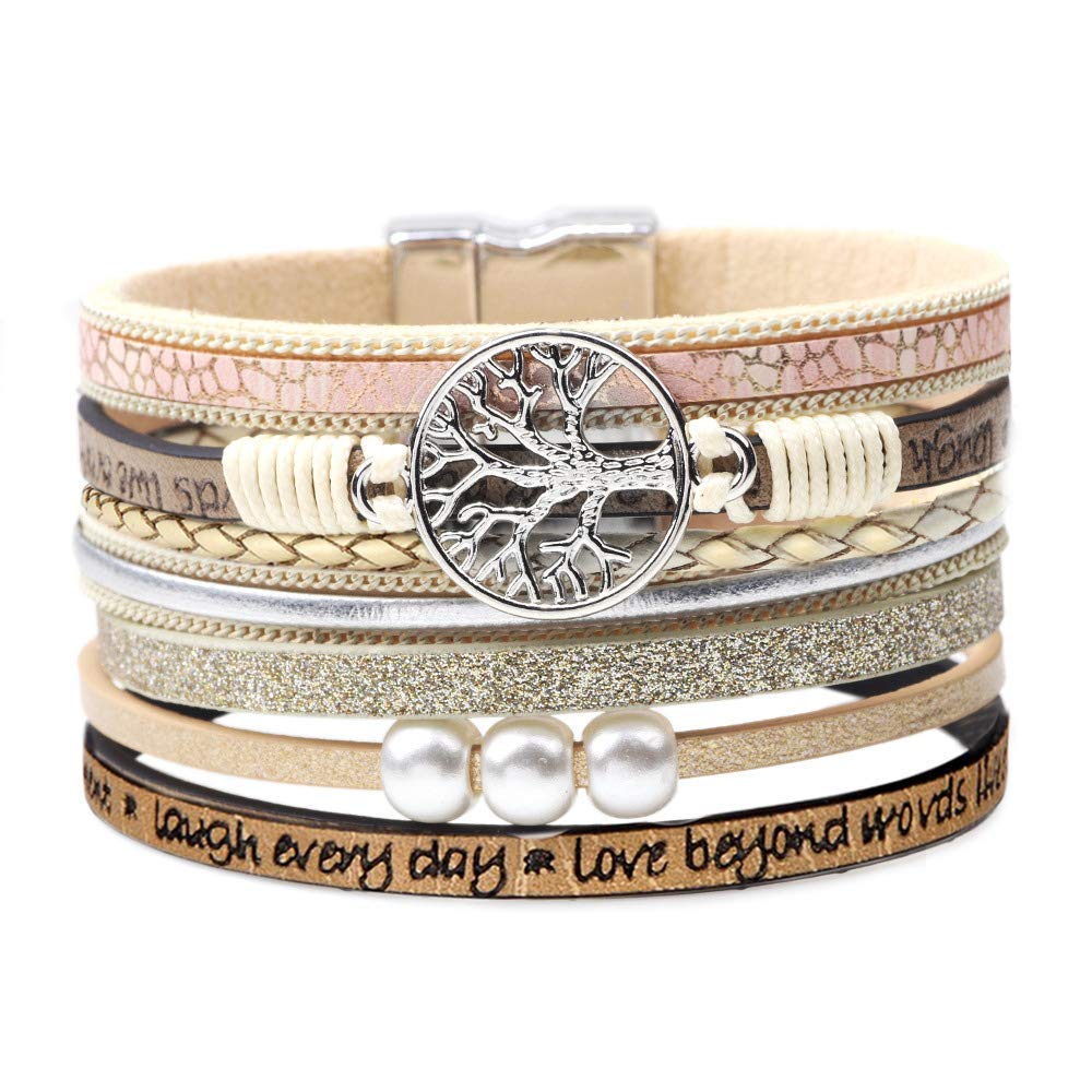 Desimtion Inspirational Gifts, Tree of Life Leather Bracelets for Women, Trendy Stuff for Teen Girls, Mothers Day Birthday Gifts for Women Girls Mom - Bohemian Jewelry Beige - Medaid International