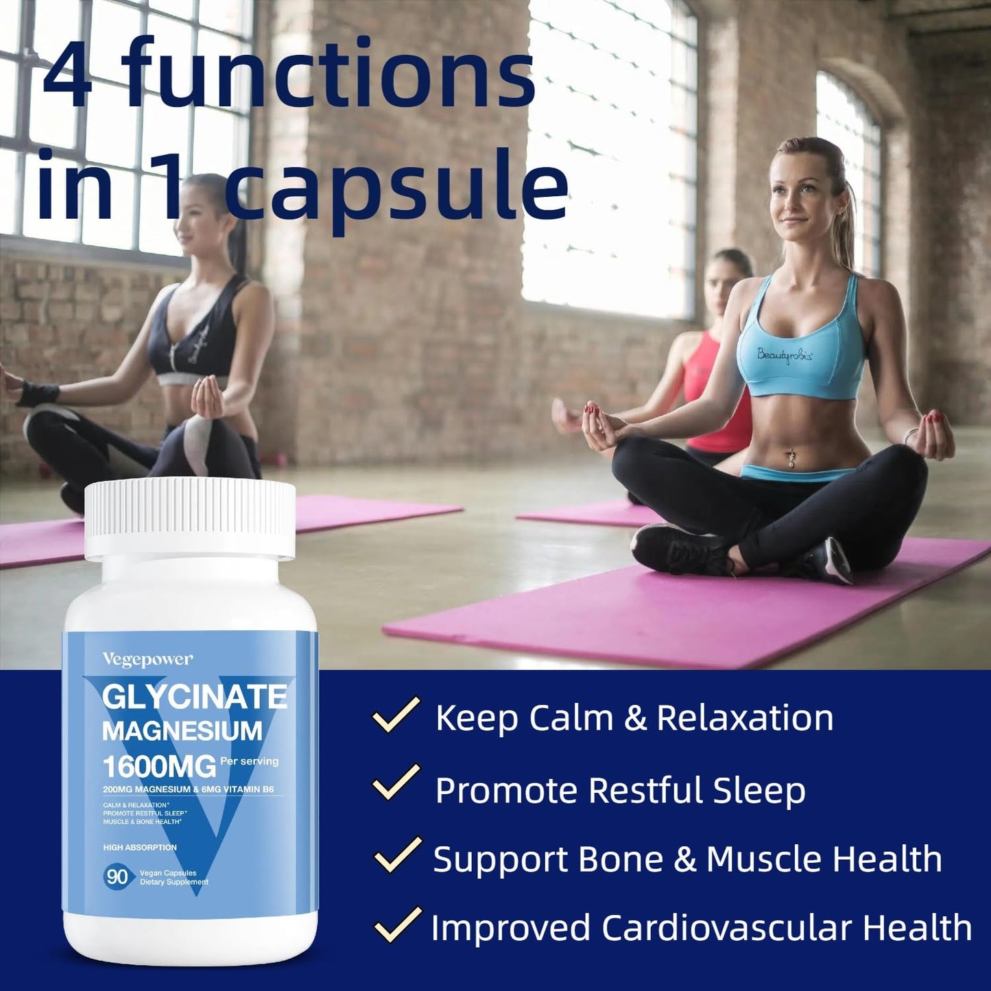 Magnesium Glycinate 200mg, High Absorption Vegan Magnesium Supplement, Fully Chelated Magnesium Zinc Vitamin D & B6, Magnesium Bisglycinate for Sleep, Bone & Muscle Health, Nerve, Non-GMO, 90 Capsules - Medaid International