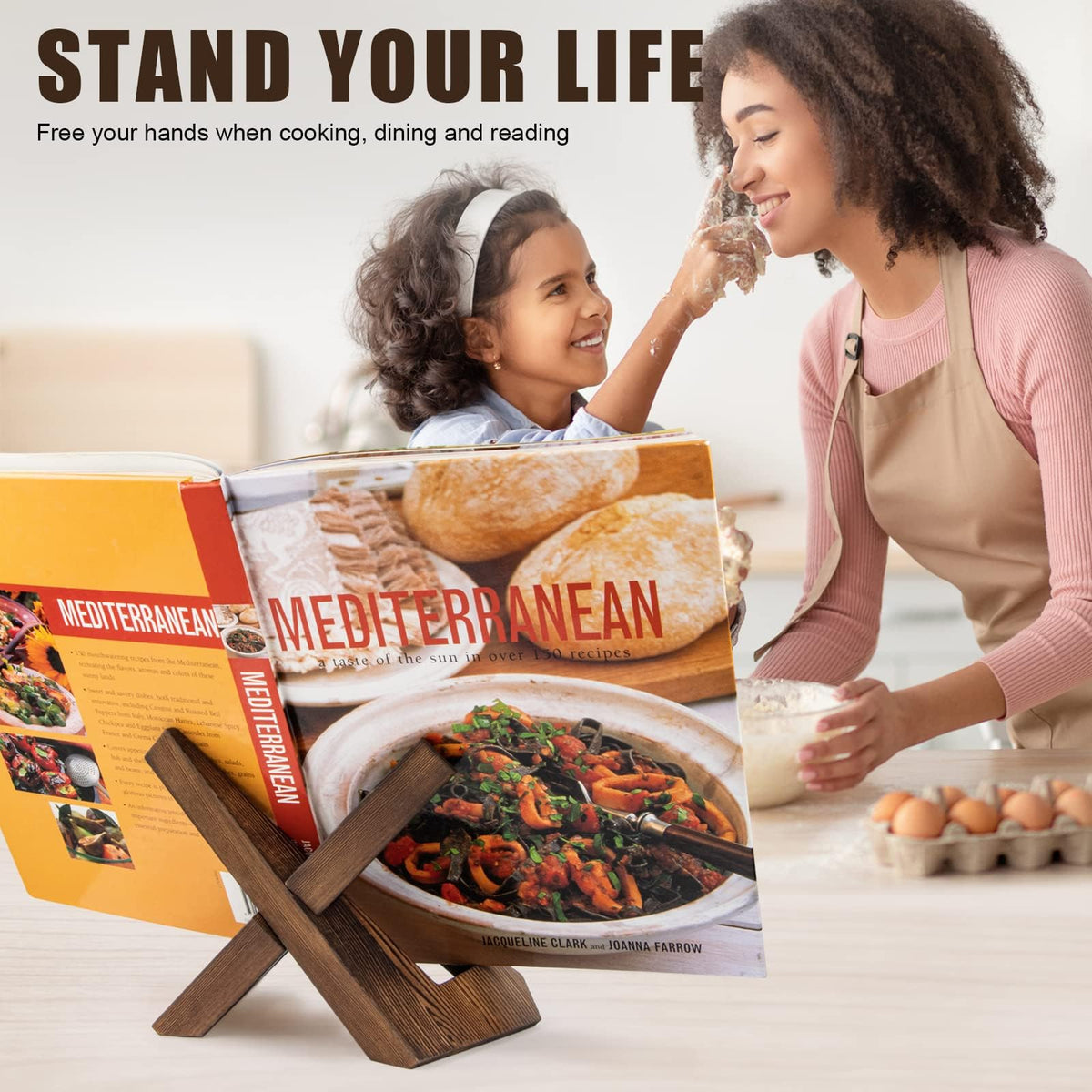Terrifi Cookbook Stand For Kitchen, Handmade Wooden Holder, Recipe Book Holder Kitchen Counter, Rustic Cook Stand, Menu Display - Brown