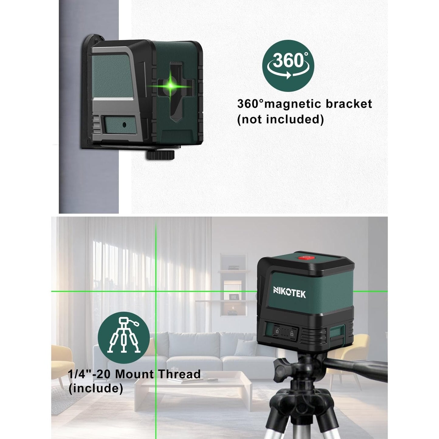 Nikotek Laser Level, Self-leveling Green Line Laser With Horizontal and Vertical Lines for Construction and Picture Hanging, Battery Included (NK02G With 26 inch Tripod) - Medaid International