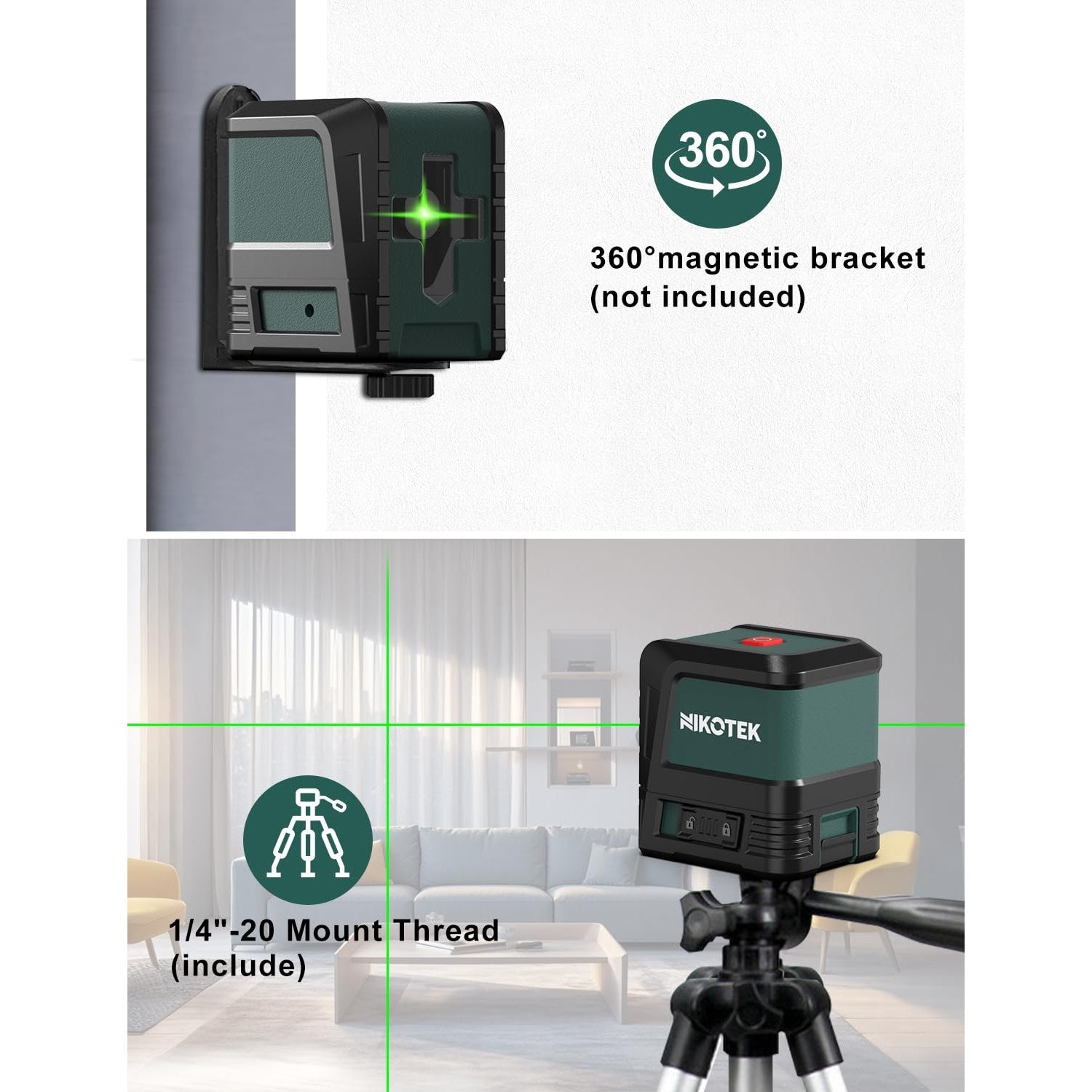 Nikotek Laser Level, Self-leveling Green Line Laser With Horizontal and Vertical Lines for Construction and Picture Hanging, Battery Included (NK02G With 26 inch Tripod) - Medaid International