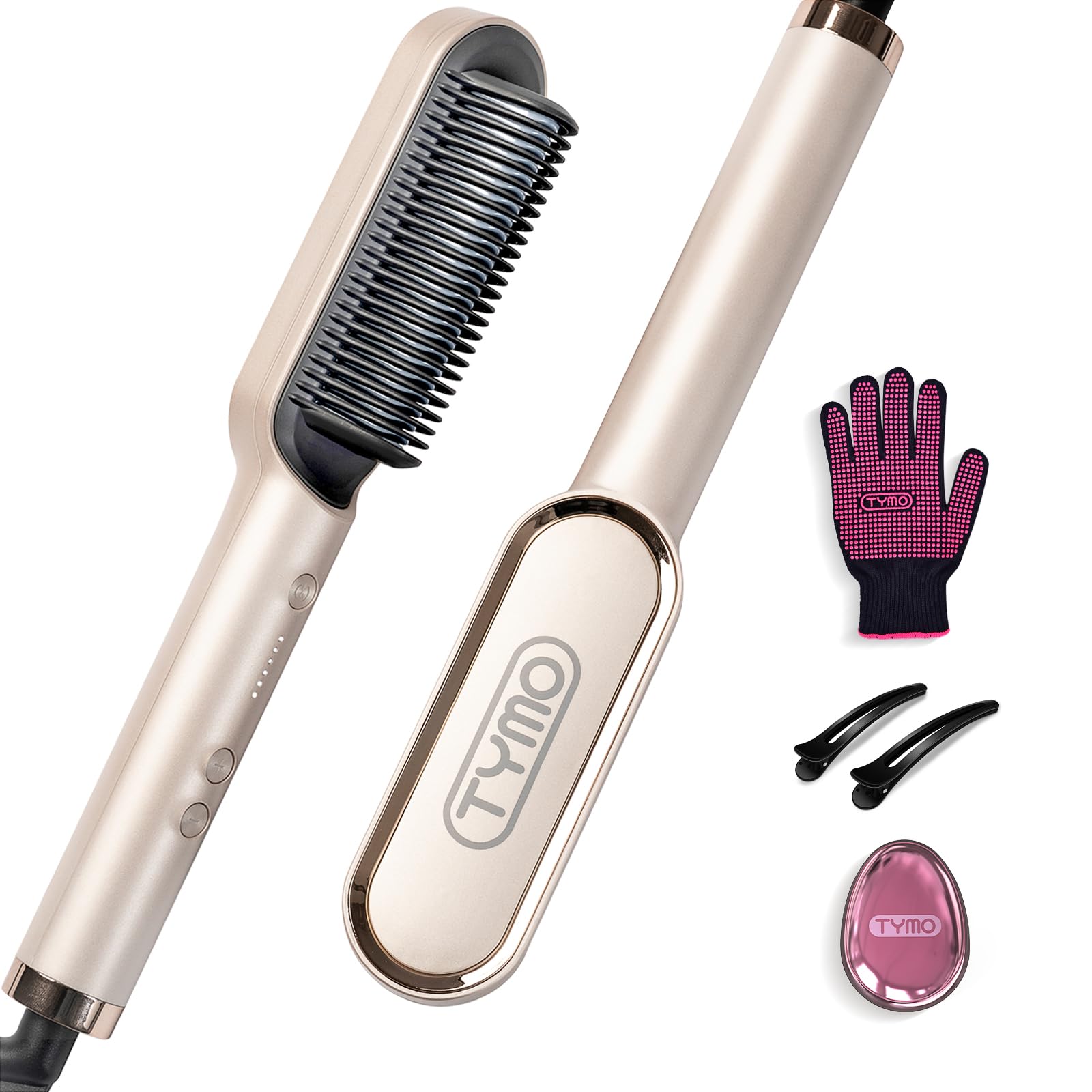 Hair Straightener Brush, TYMO Ring Hair Straightener Comb Straightening Brush for Women with 5 Temps 20s Fast Heating & Dual Voltage, Gold - Medaid International