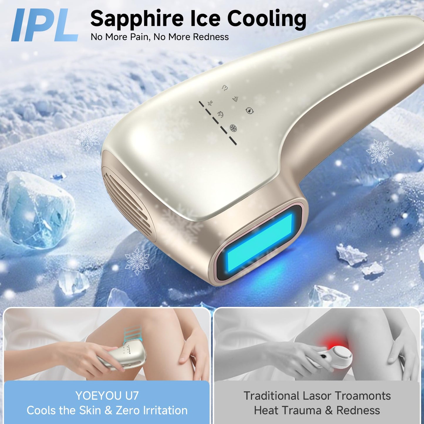 Painless IPL Laser Hair Removal for Women & Men, 39°F Sapphire Ice Cooling Technology, At-Home Laser Hair Removal Device for Face, Armpits, Legs, Bikini & Whole Body, Long-Lasting Results - Medaid International