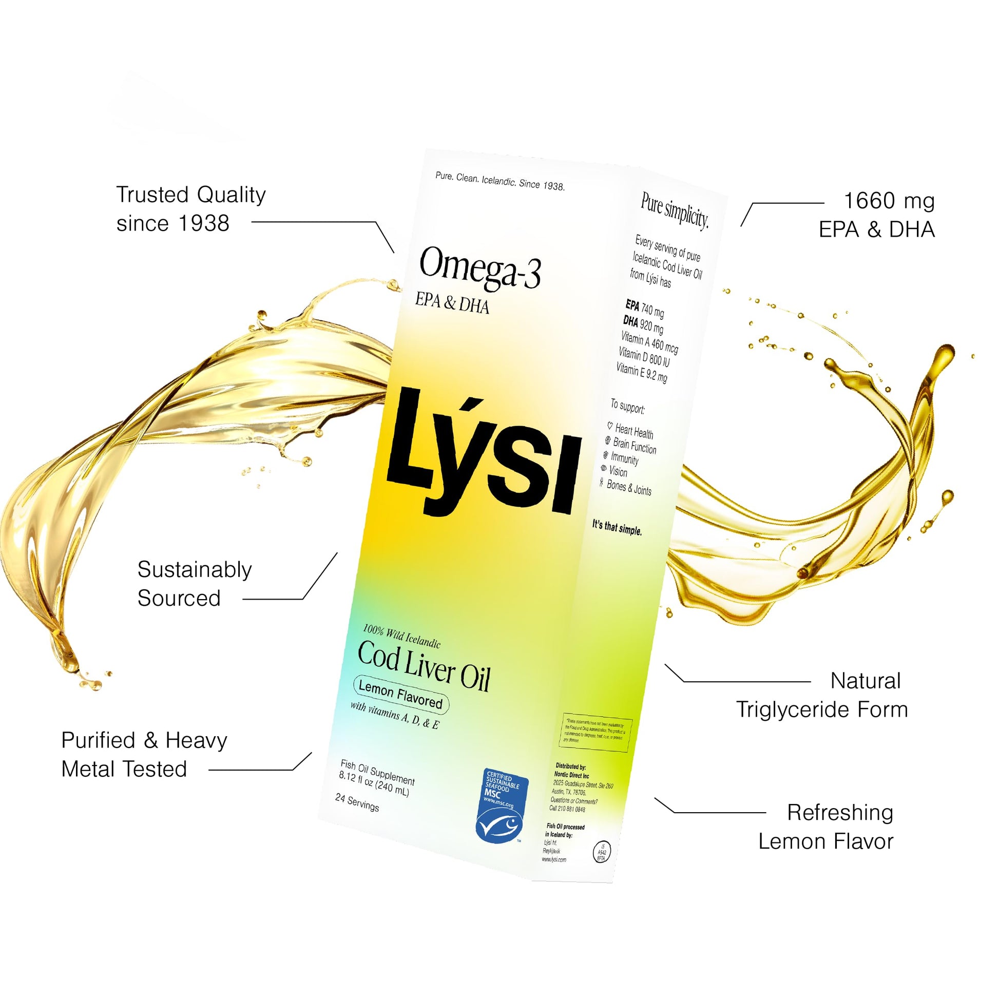 Lysi Cod Liver Oil, Omega-3 Supplement,1660mg EPA & DHA Per Serving, Plus Vitamins A,D,E, Sustainably Sourced 100% Wild Icelandic Cod, Natural Lemon, GMP Certified, 8.12 FL oz, 24 Servings - Medaid International