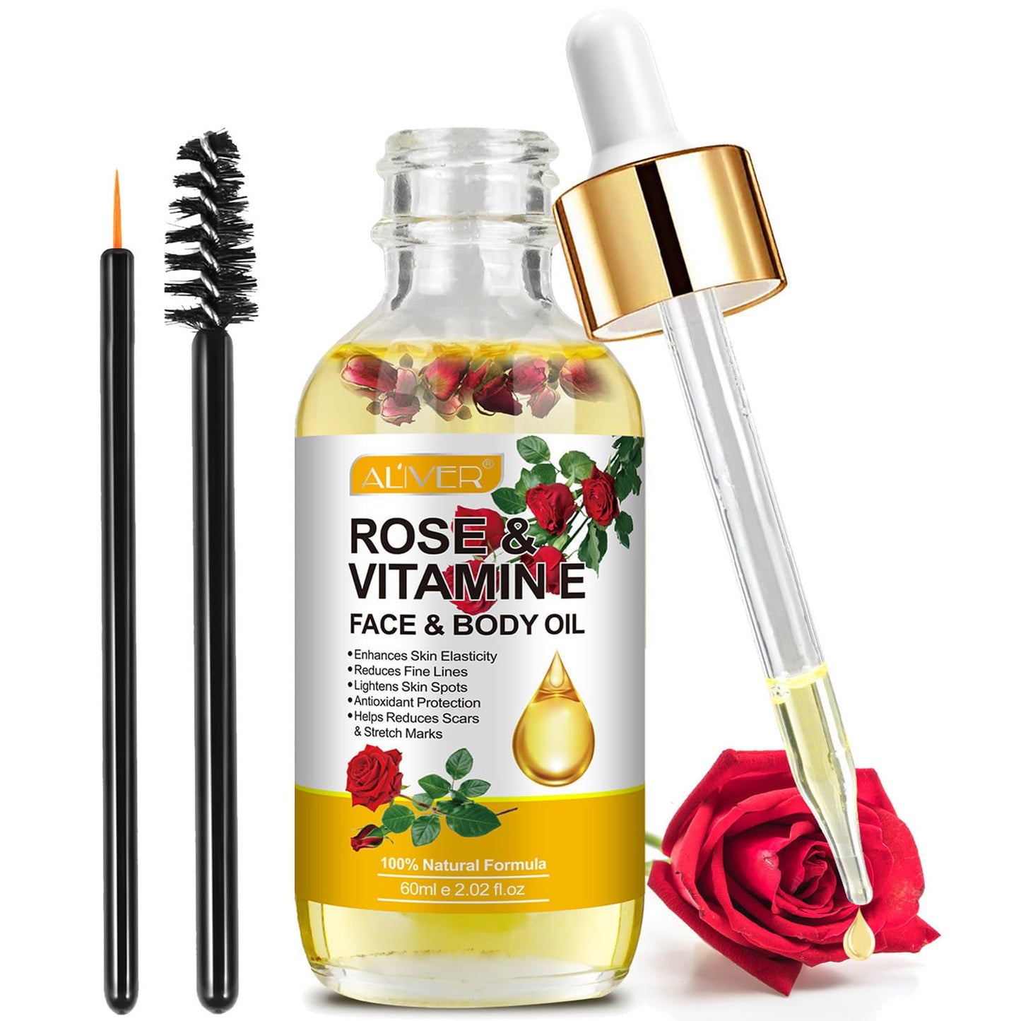 RoongDuuDll Rose Oil for Face with Rose Petal Flower, Natural Vitamin E Oil for Anti-aging, Scars & Stretch Mark, Gua Sha Face Oil, Massage Body Oil Scented for Dry Skin, Scalp and Nail - 60ml - Medaid International