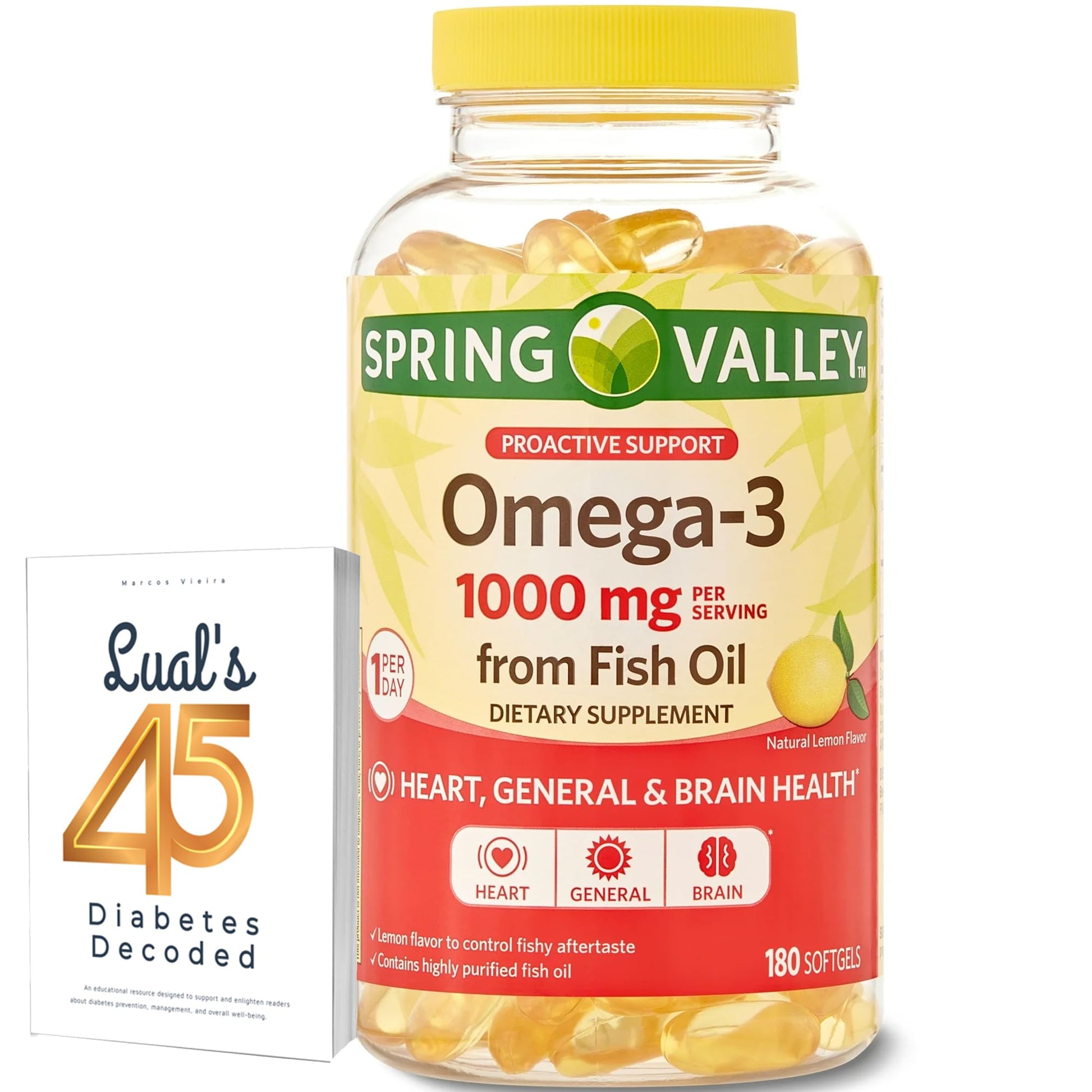 Spring Valley Omega-3 Fish Oil Soft Gels, 1000 mg, 180 Count, Dietary Supplement, Omega-3 Fatty Acids Bundle with Lual's 45 Diabetes Decoded - Medaid International