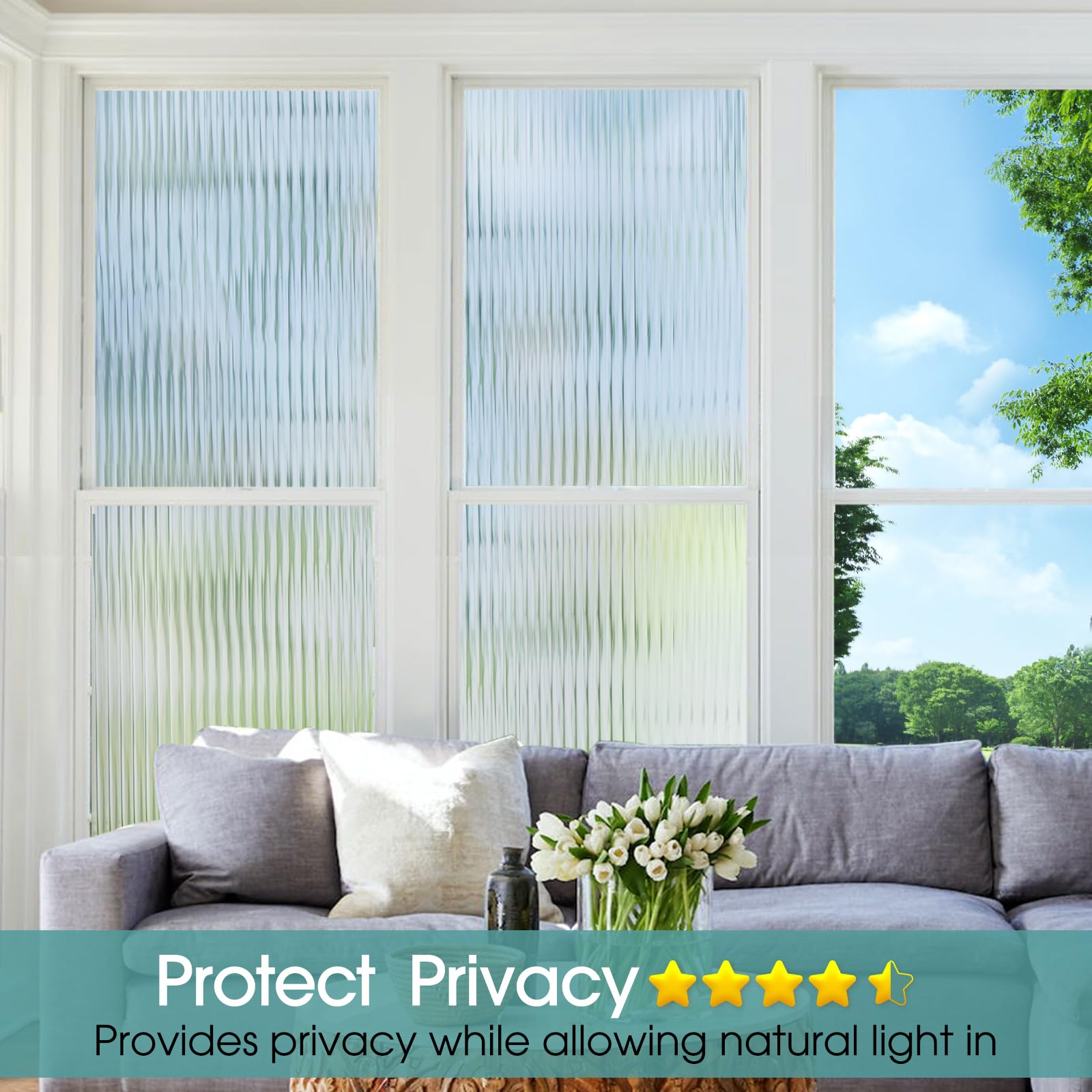 Coavas Window Privacy Film Reeded Glass, Frosted 3D Fluted Glass Window Cling, Adhesive Vinyl Decorative Door Stickers for Bathroom Home Sun Blocking, 17.5x78.7 in, Translucent - Medaid International