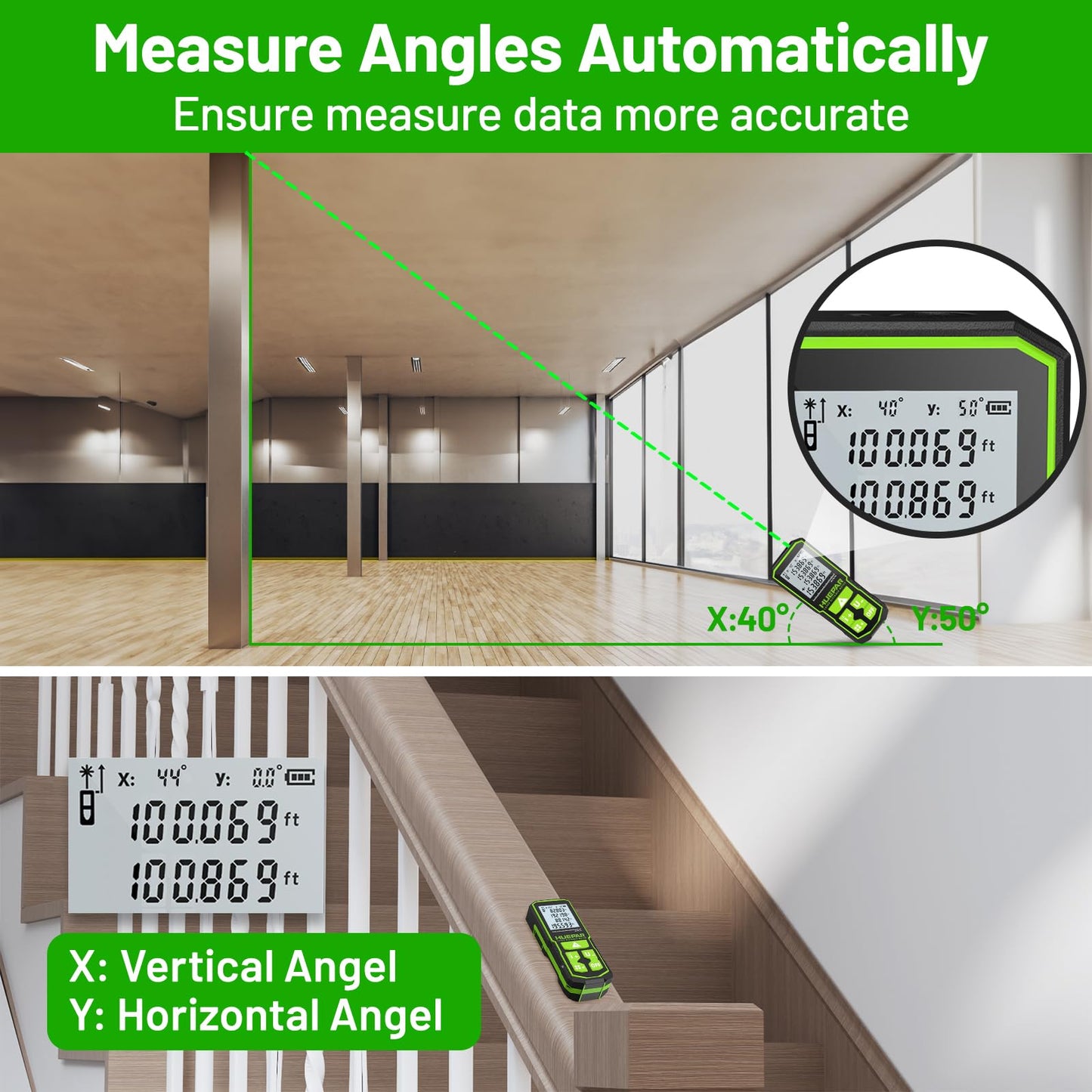 393FT Professional Green Laser Measuring Tool with Angle Sensor, Huepar 1/16in Accuracy Laser Distance Measurement Tool, Digital Laser Room Measuring Device, Laser Distance Meters - Medaid International