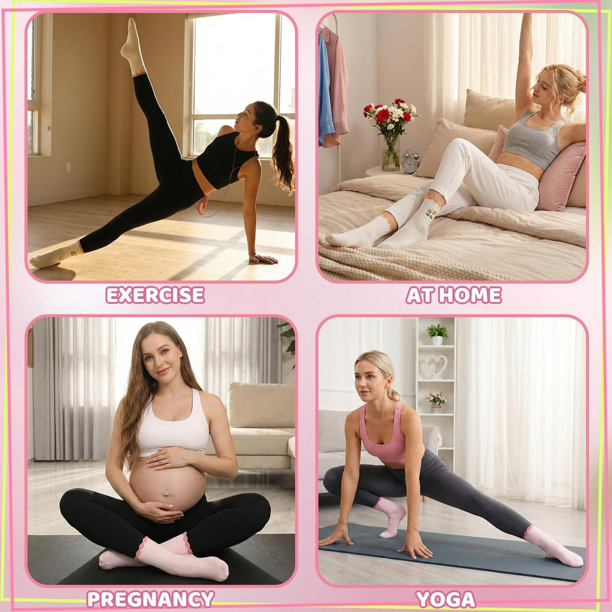 2 Pairs Non Slip Yoga Pilates Grip Socks for Women, Cute Ruffle Anti Slip Cotton Socks, Embroidered Design for Home Gym Barre Dance Ballet Hospital