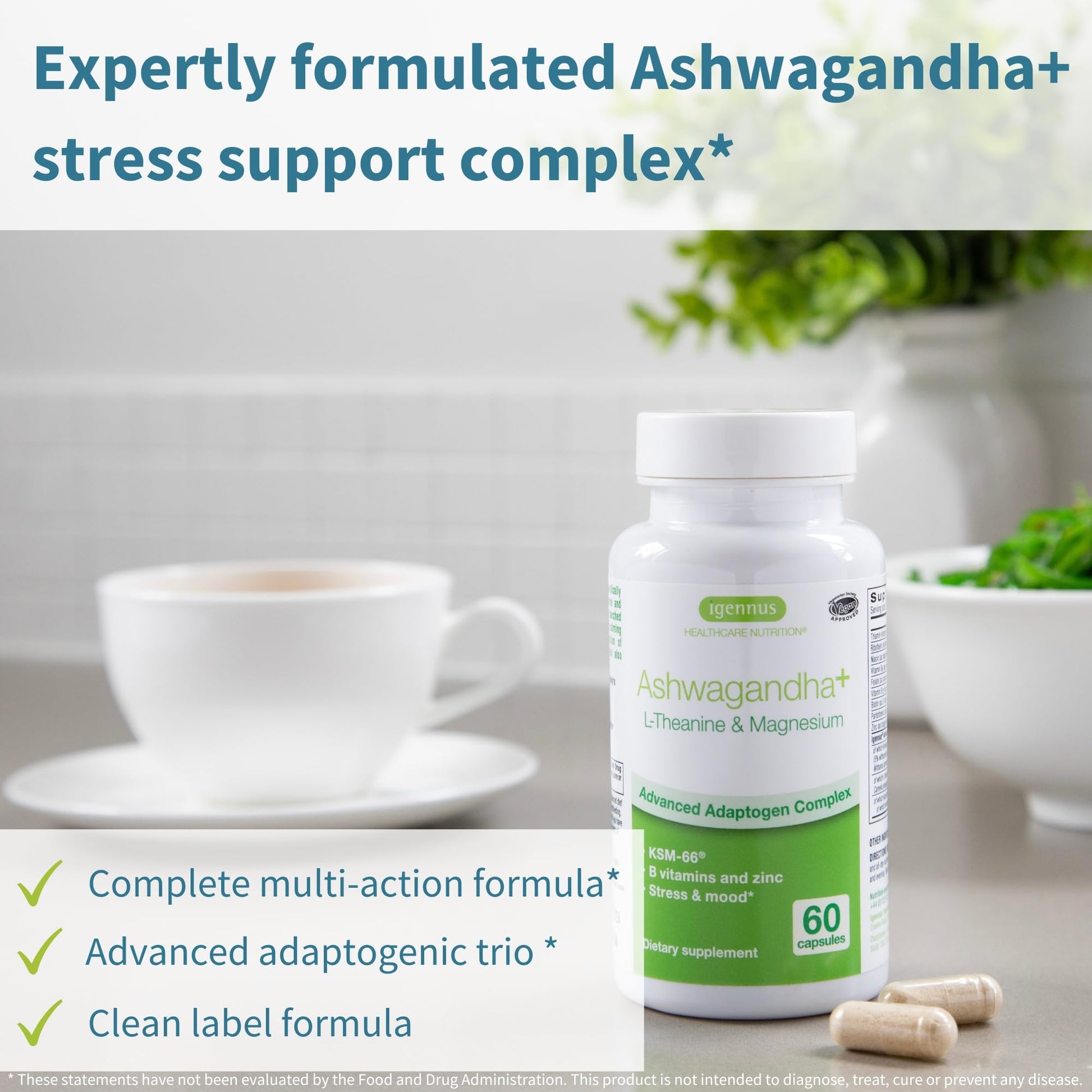 Igennus High Strength Ashwagandha Stress Relief Complex, L-Theanine & Magnesium & KSM-66 Root Extract Adaptogens, Methylated B Vitamins, Calm & Sleep Support, Clean Label, 60 Fast Acting Capsules - Medaid International