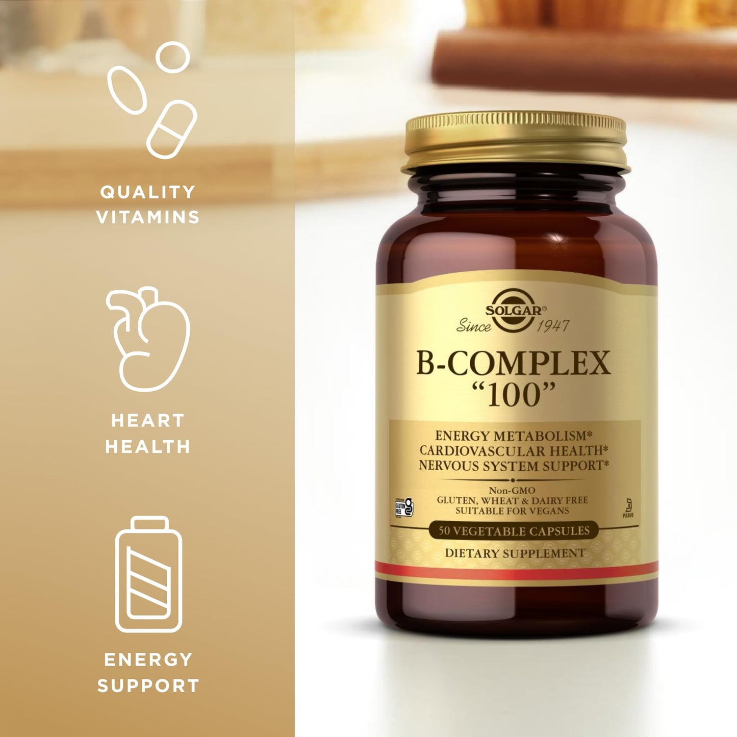 Solgar B-Complex "100", 50 Vegetable Capsules - Nervous System Support - Supports Energy Metabolism - Non-GMO, Vegan, Gluten Free, Dairy Free, Kosher - 50 Servings - Medaid International