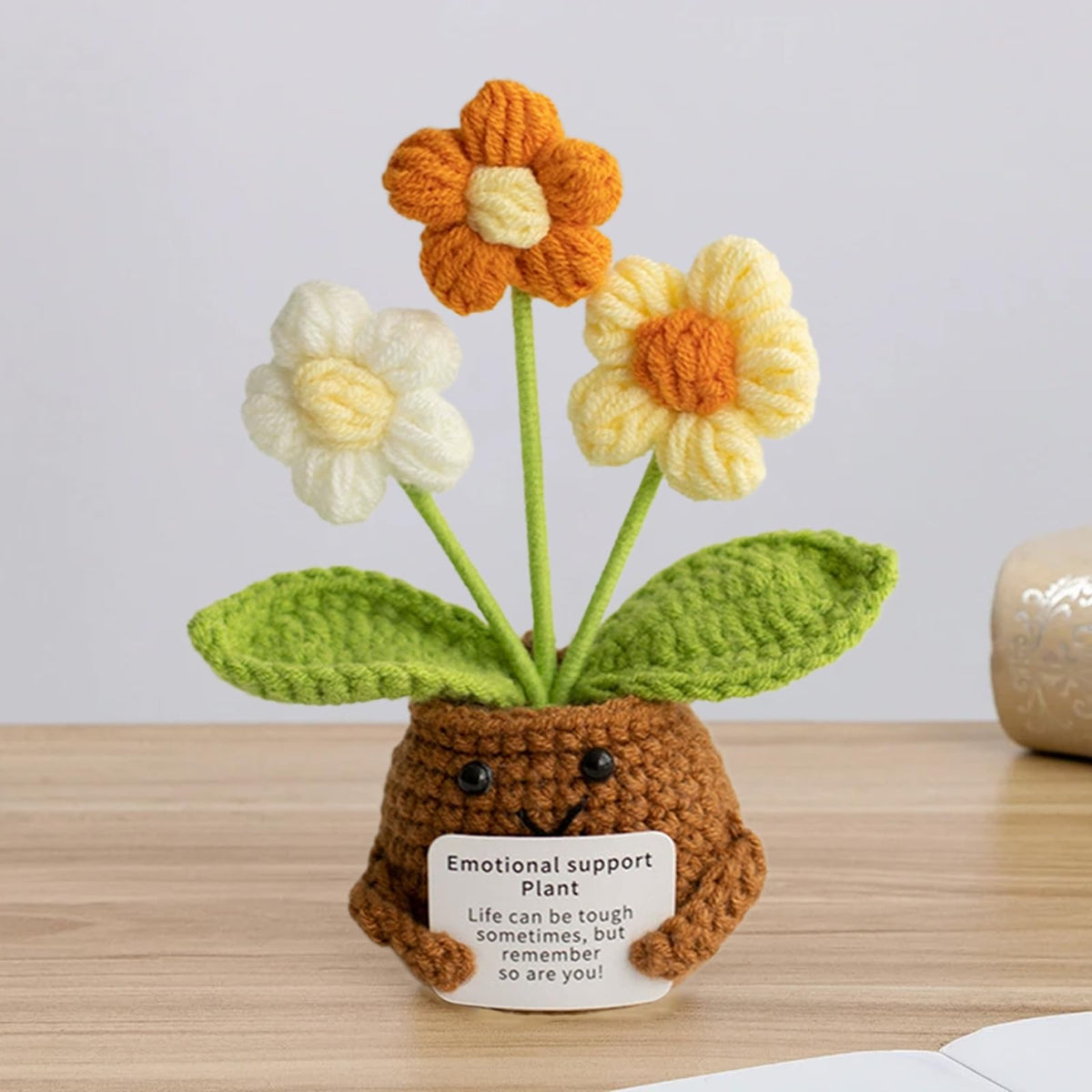 KASTWAVE Knitted Ornaments, Crochet Positive Flowers, Handmade Knitted, with Encouragement Card, Thoughtful Gift for Adults Kids Friends Room Office Desktop Decor