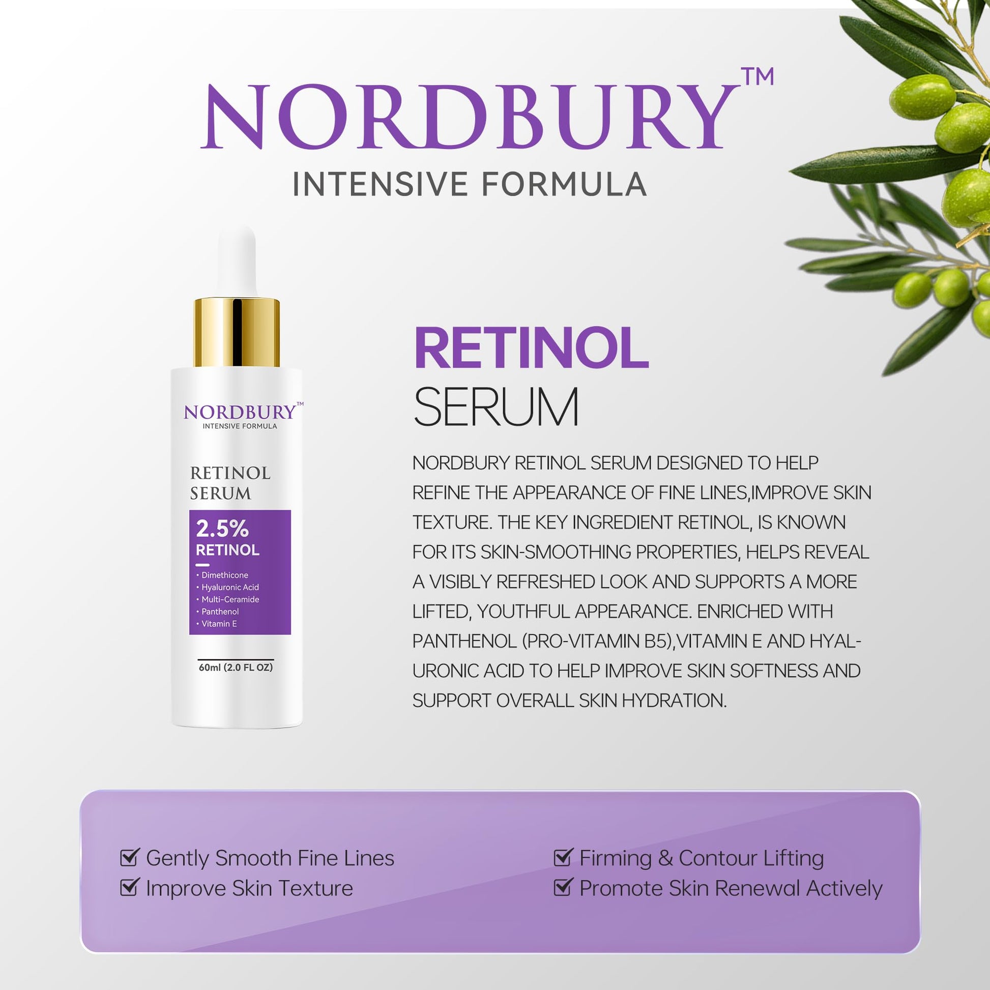 NORDBURY Retinol Serum, 2.5% Retinol with Vitamin E Ceramide Hyaluronic Acid & Organic Aloe Vera, Smooth Fine Lines Reduce Wrinkles and Improve Texture Skin Renewal Actively Night & Day, 60ml - Medaid International
