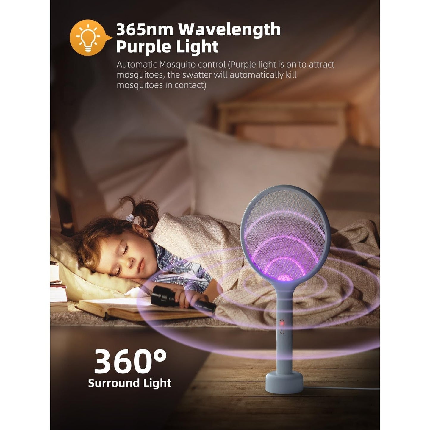 YISSVIC Electric Fly Swatter 4000V Bug Zapper Racket Dual Modes Mosquito Killer with Purple Mosquito Light Rechargeable Base for Indoor and Outdoor Home Office Backyard Patio Camping (1 Pack) - Medaid International
