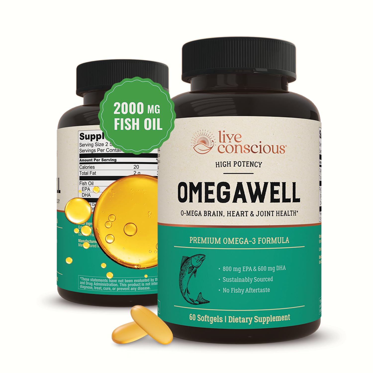 Live Conscious OmegaWell Omega 3 Fish Oil - 2000mg Capsules: Heart, Brain, & Joint Support - 800 mg EPA 600 mg DHA - Sustainably Sourced - Softgels - 30 Day Supply - Medaid International
