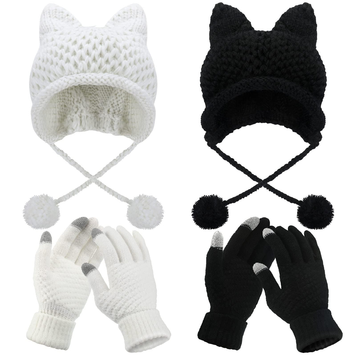 4 Pieces Winter Cat Ear Beanie Knit Hat & Touchscreen Gloves Set for Women - KASTWAVE 2 Cat Ears Hats (White & Black) + 2 Pairs Warm Knit Gloves for Cold Weather, Outdoor & Daily Use